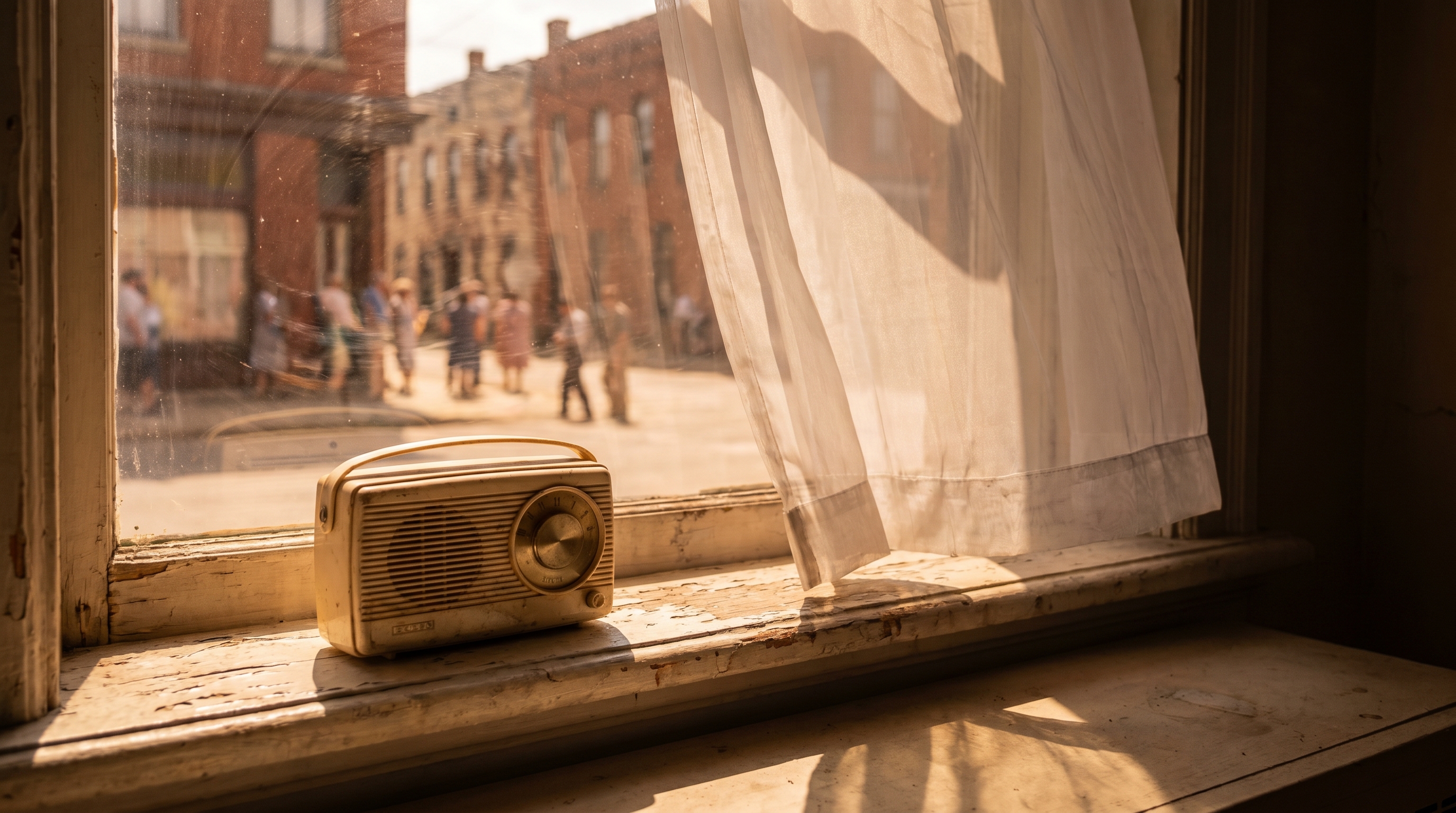 A radio on a windowsill, the street outside shimmering with heat haze