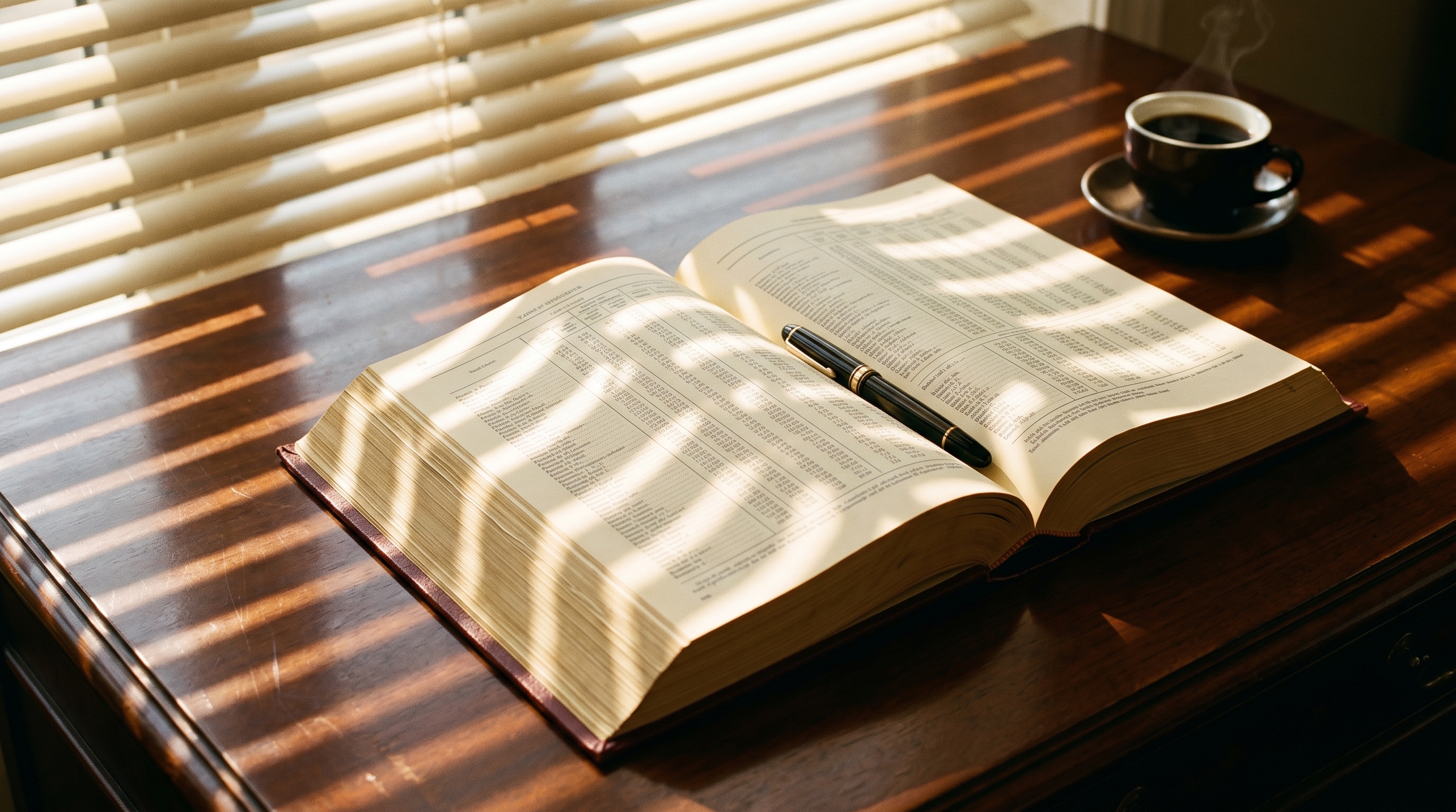 A long bound volume labelled 'India-EU FTA - Schedule of Tariff Lines' sits half-open on a polished wooden table, a coffee cup in the corner, late European afternoon light through venetian blinds