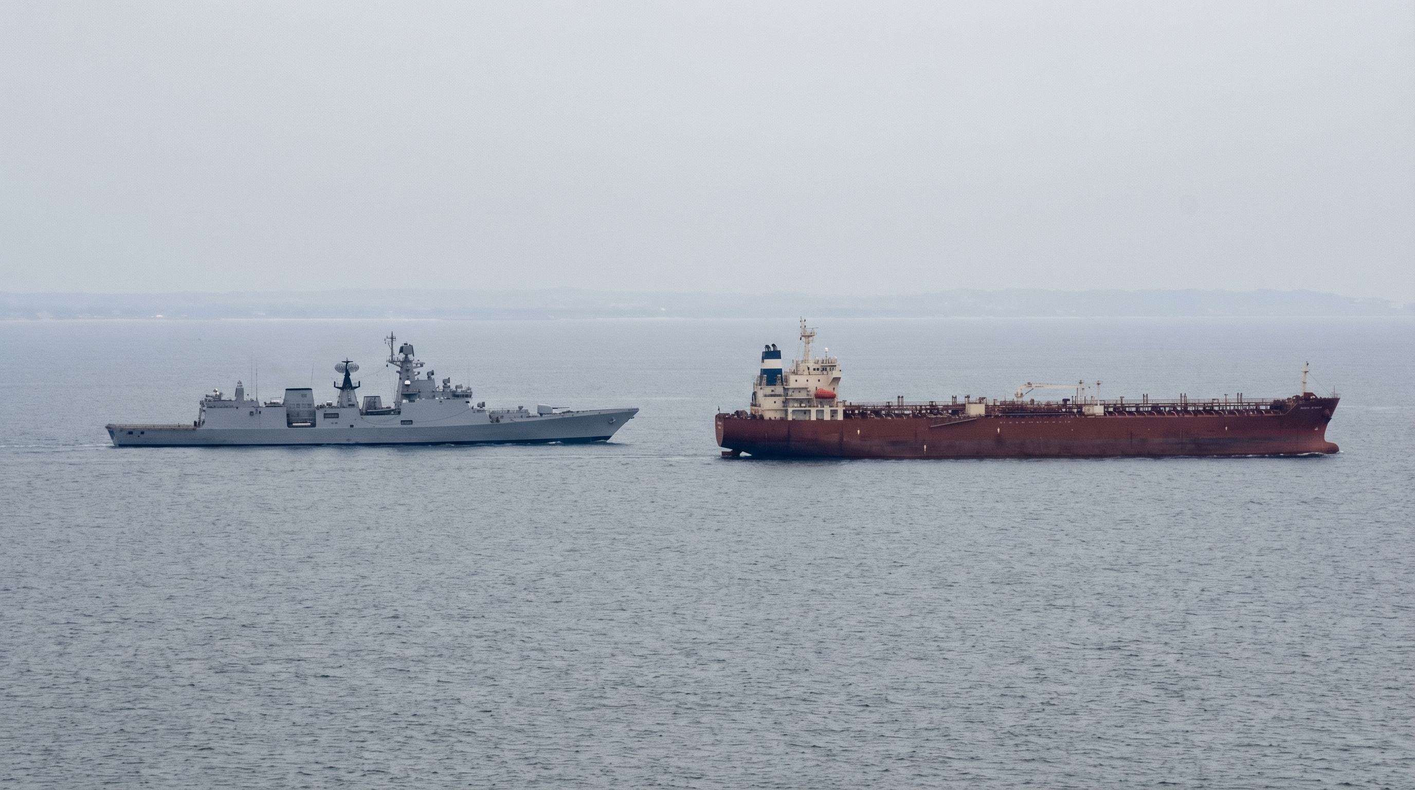 Indian Navy destroyer holding station off the port quarter of a civilian crude tanker in the Gulf of Oman, flat morning light, no pyrotechnics