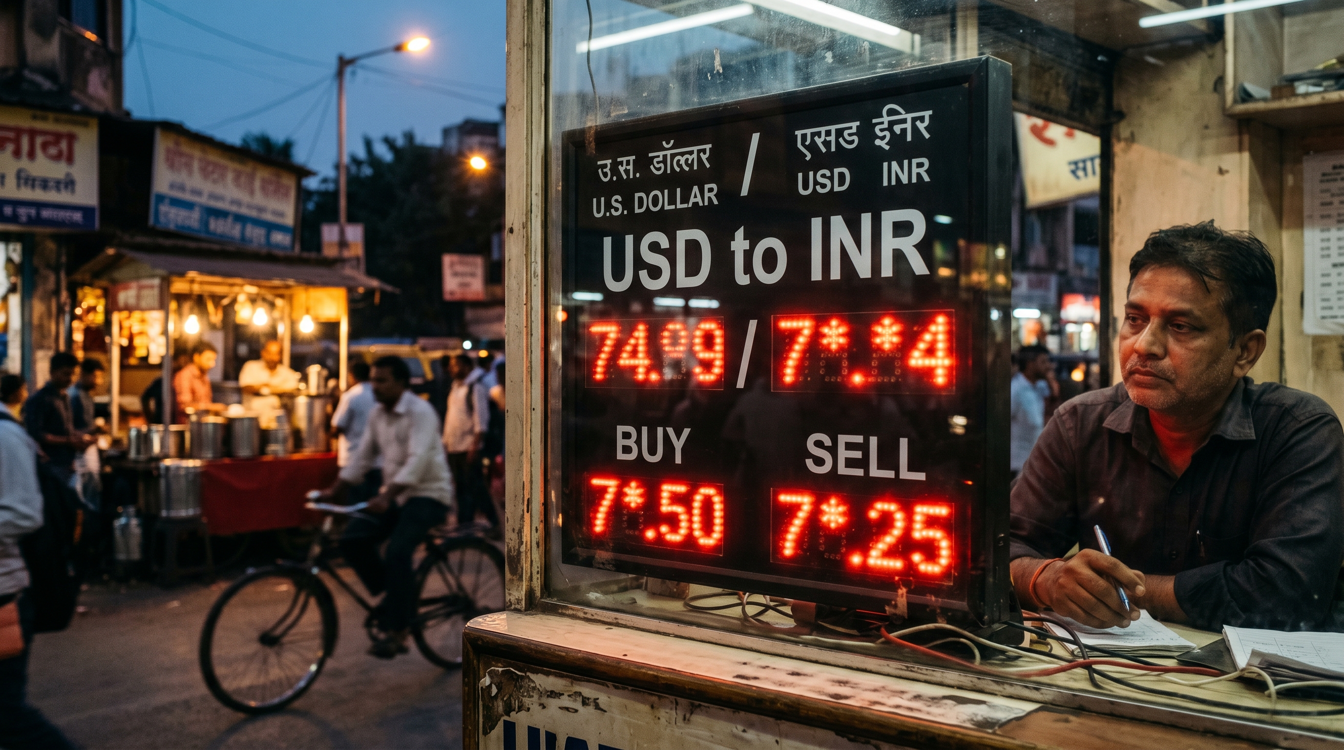 A dim currency exchange board at a Mumbai street counter, the rupee-dollar digit being updated, a reflection of a small chai stall in the glass