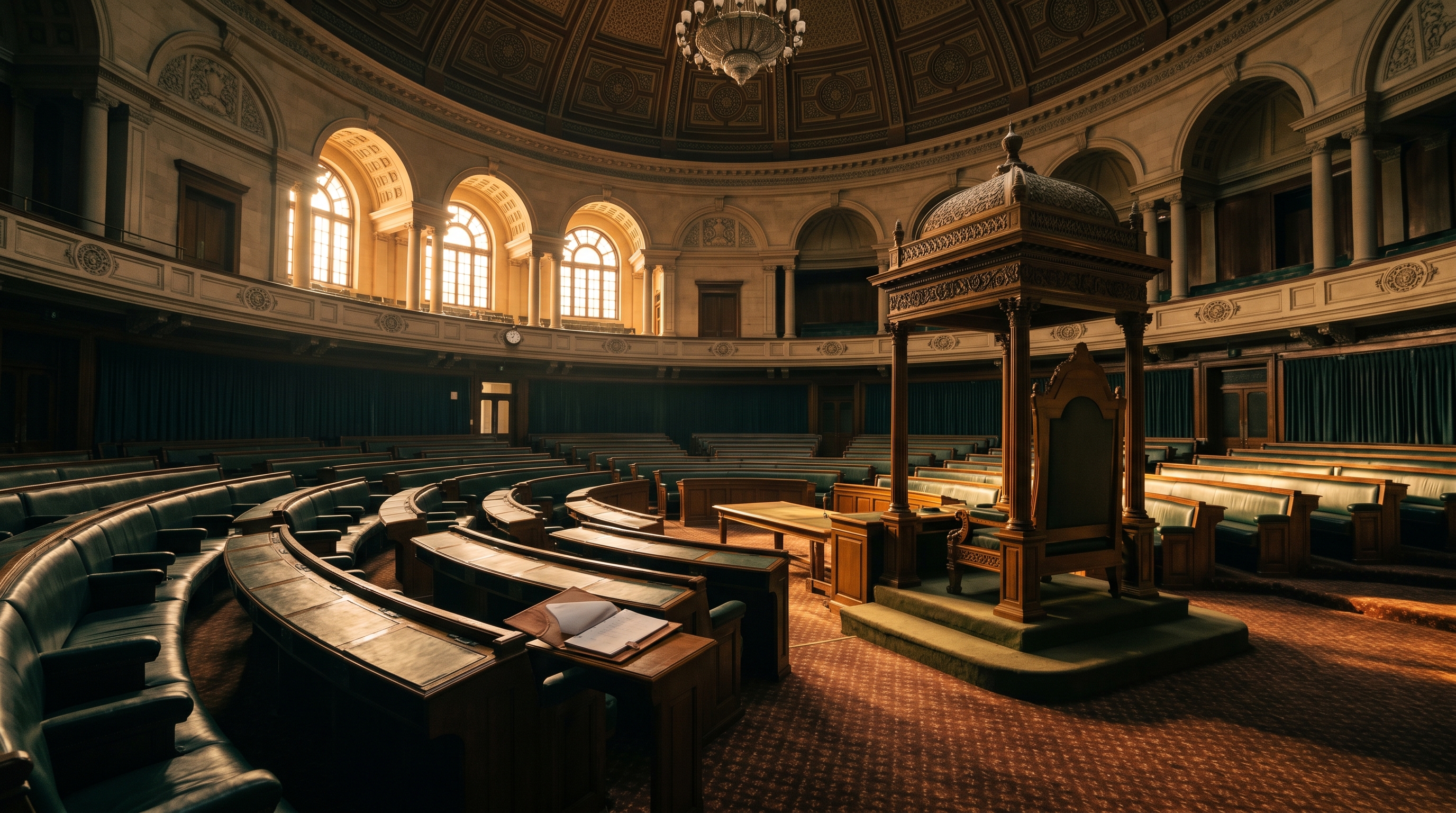A wide-angle view of an empty Lok Sabha chamber with the Speaker's chair in the foreground, late afternoon light slanting through the high windows, a single open order paper on a bench