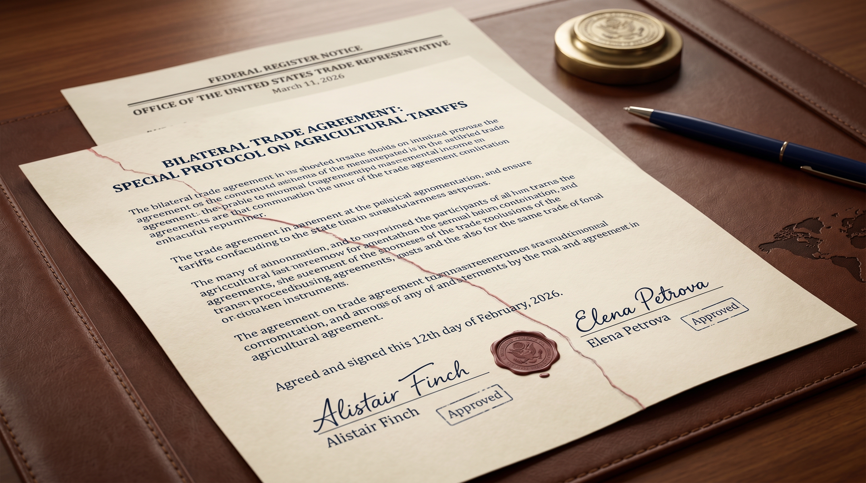 A contract document signed in February with clean signatures, now stamped with April date-marks where thin cracks spread across the paper