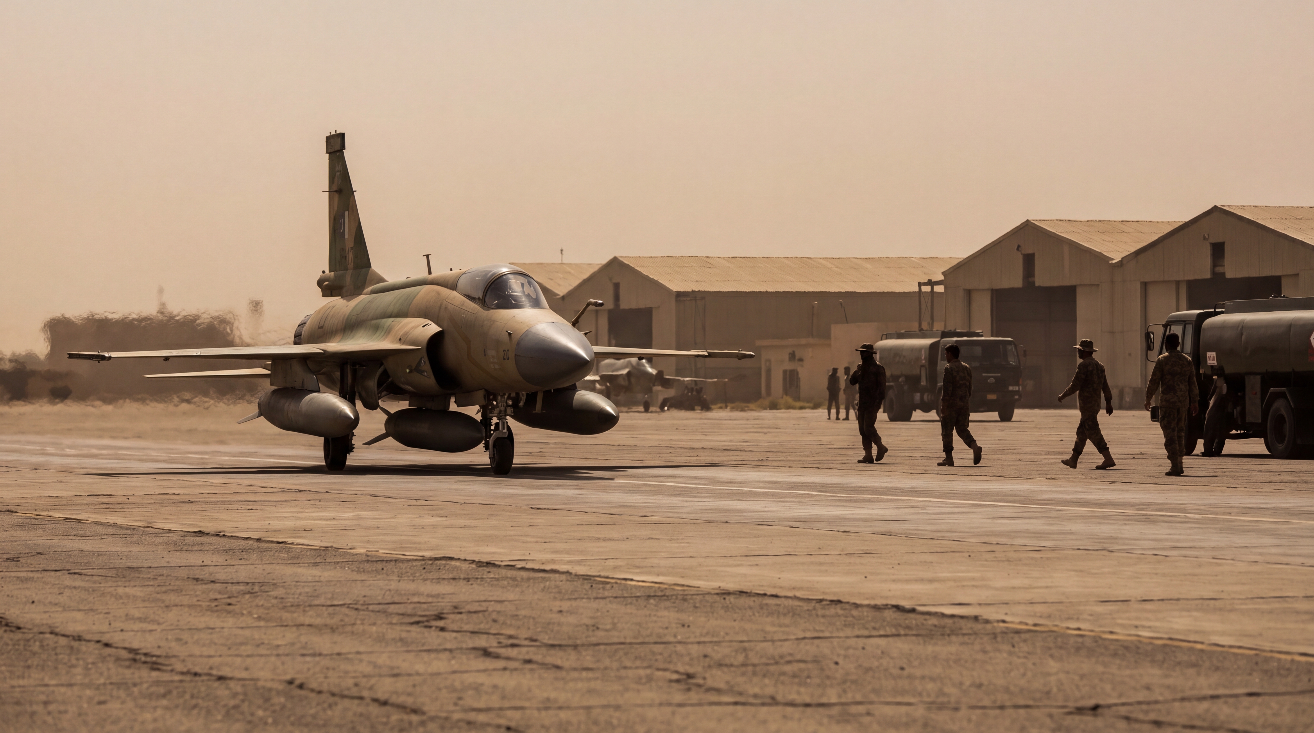 A Chinese-built fighter aircraft on a Pakistani airbase tarmac, with thermal haze rising from the runway