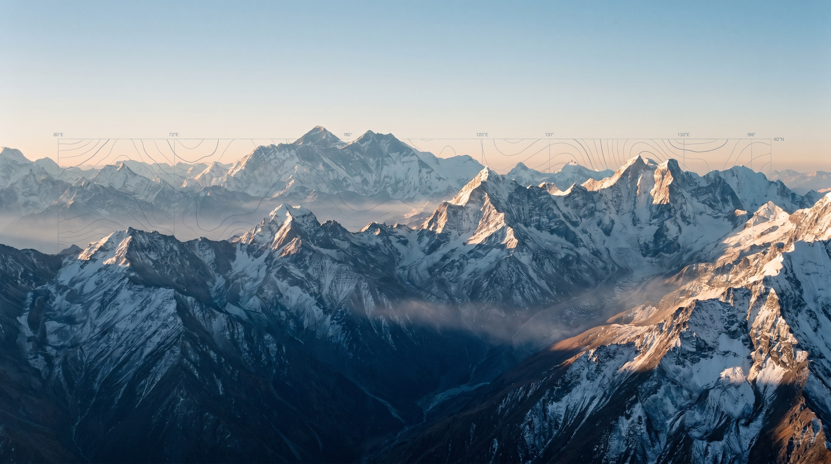 Aerial dawn view of the Himalayan ridgeline with faint cartographic survey lines