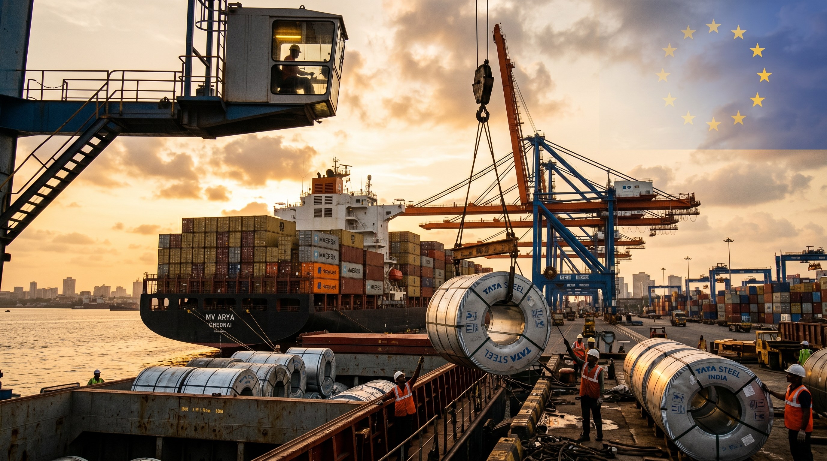 Indian steel exports being loaded onto a container ship with European Union flags overlay