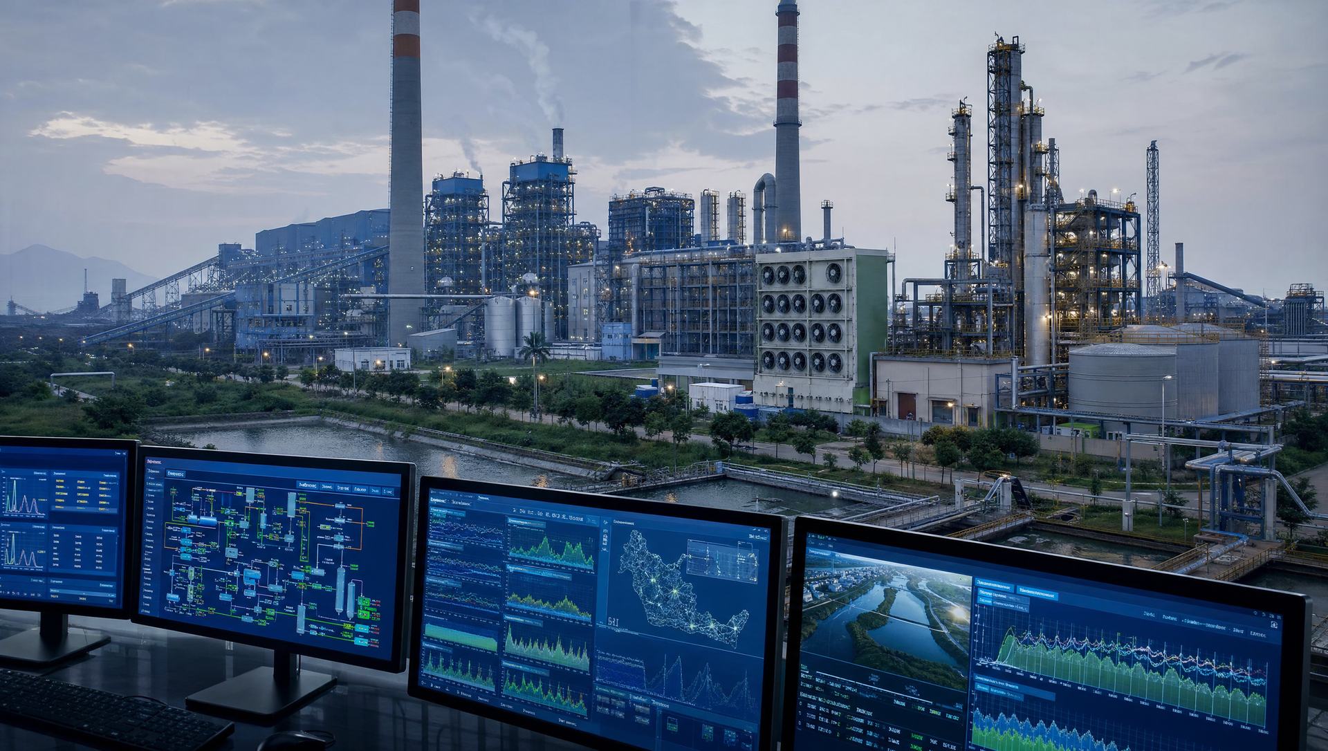 An Indian industrial complex converting coal into syngas, fertiliser chemicals and methanol while carbon and water dashboards are monitored