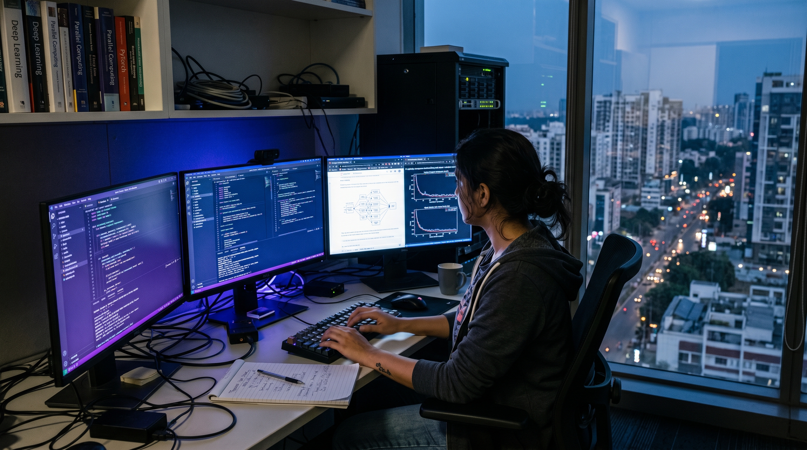 A young Indian researcher at a GPU workstation in a university lab, city skyline visible through the window