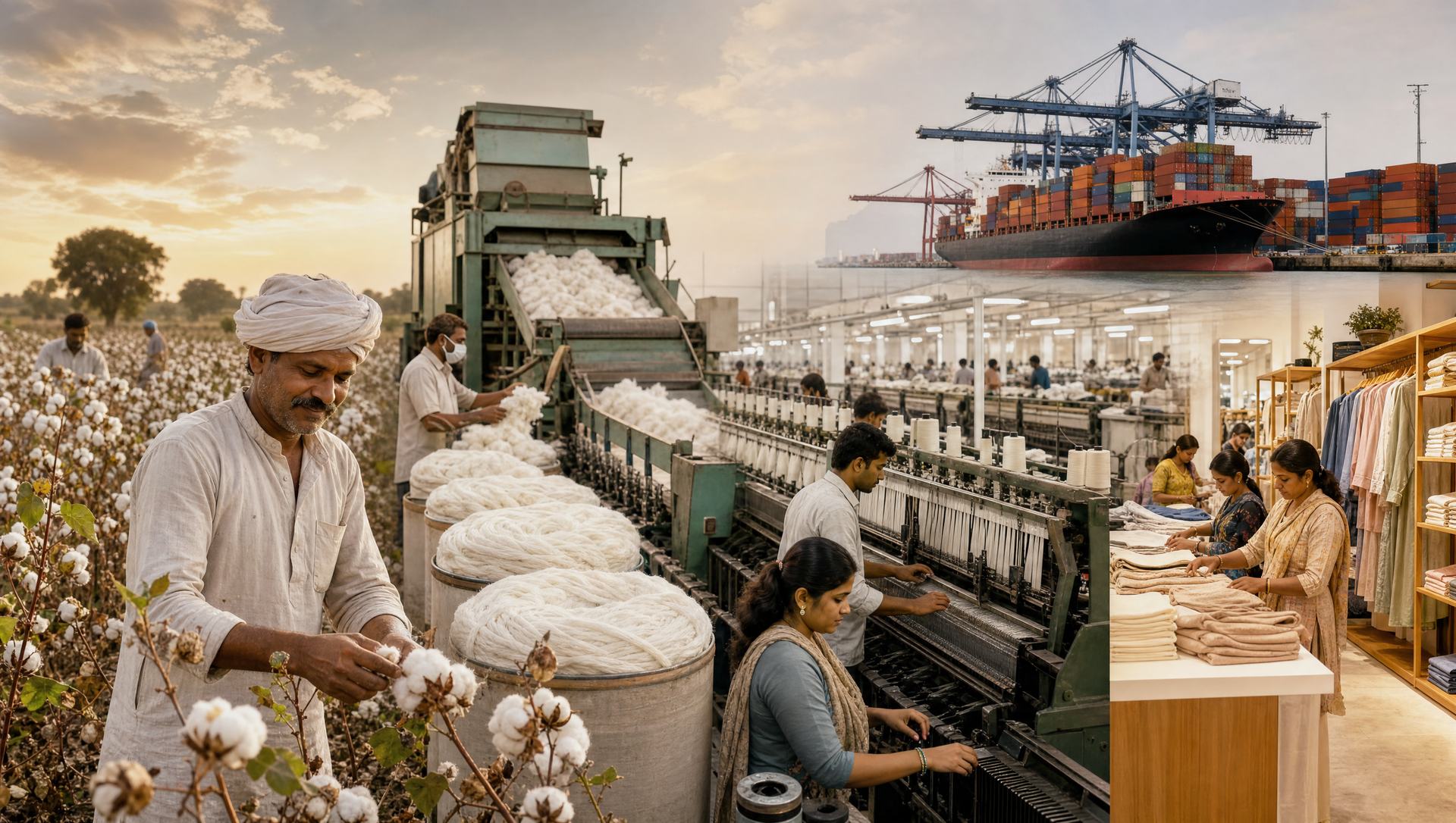 Cotton farmers, ginning machinery, textile looms and export containers connected in one Indian value-chain map