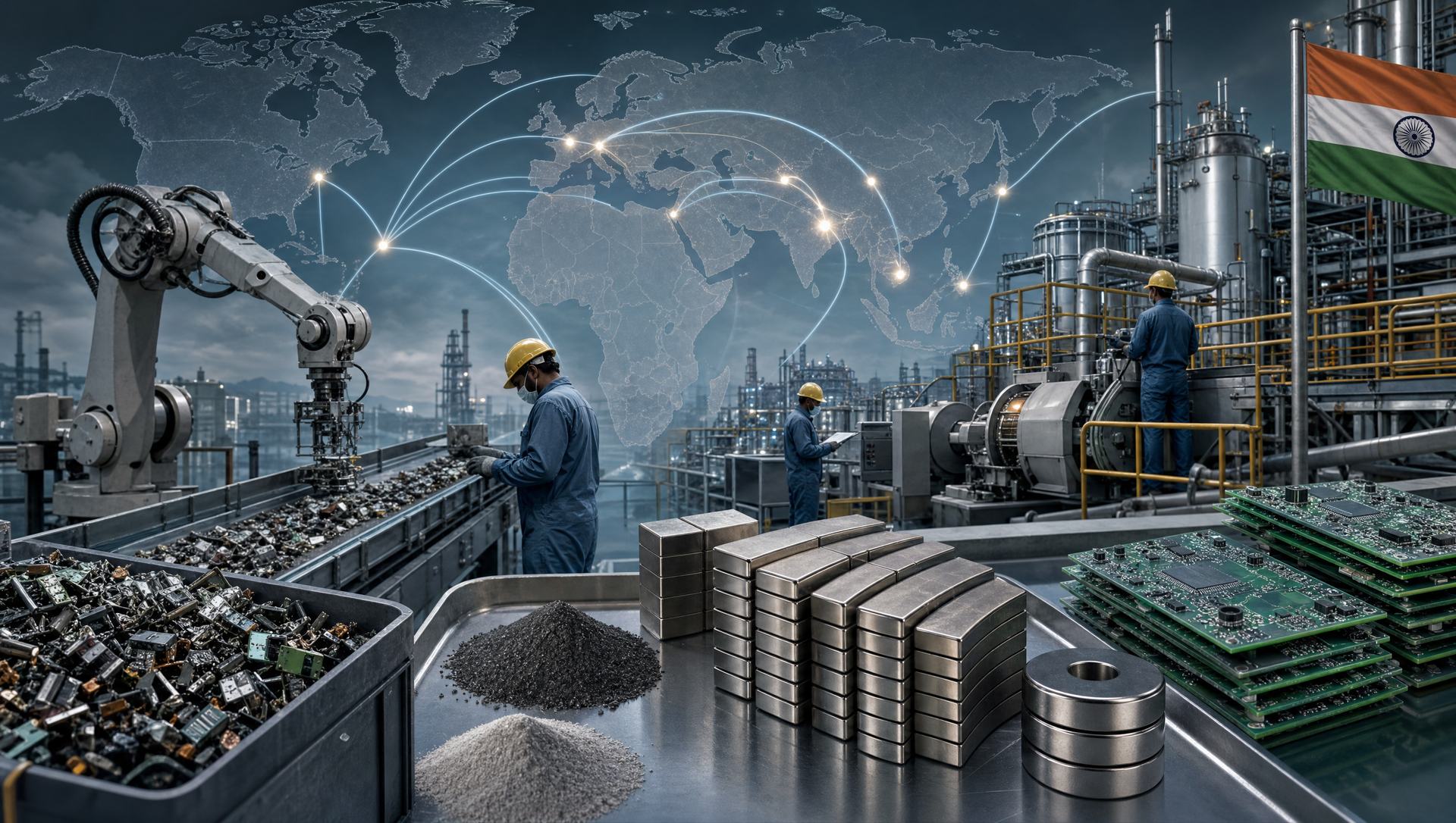 A rare earth processing facility in India with battery materials, magnets and semiconductor supply-chain diagrams in the foreground