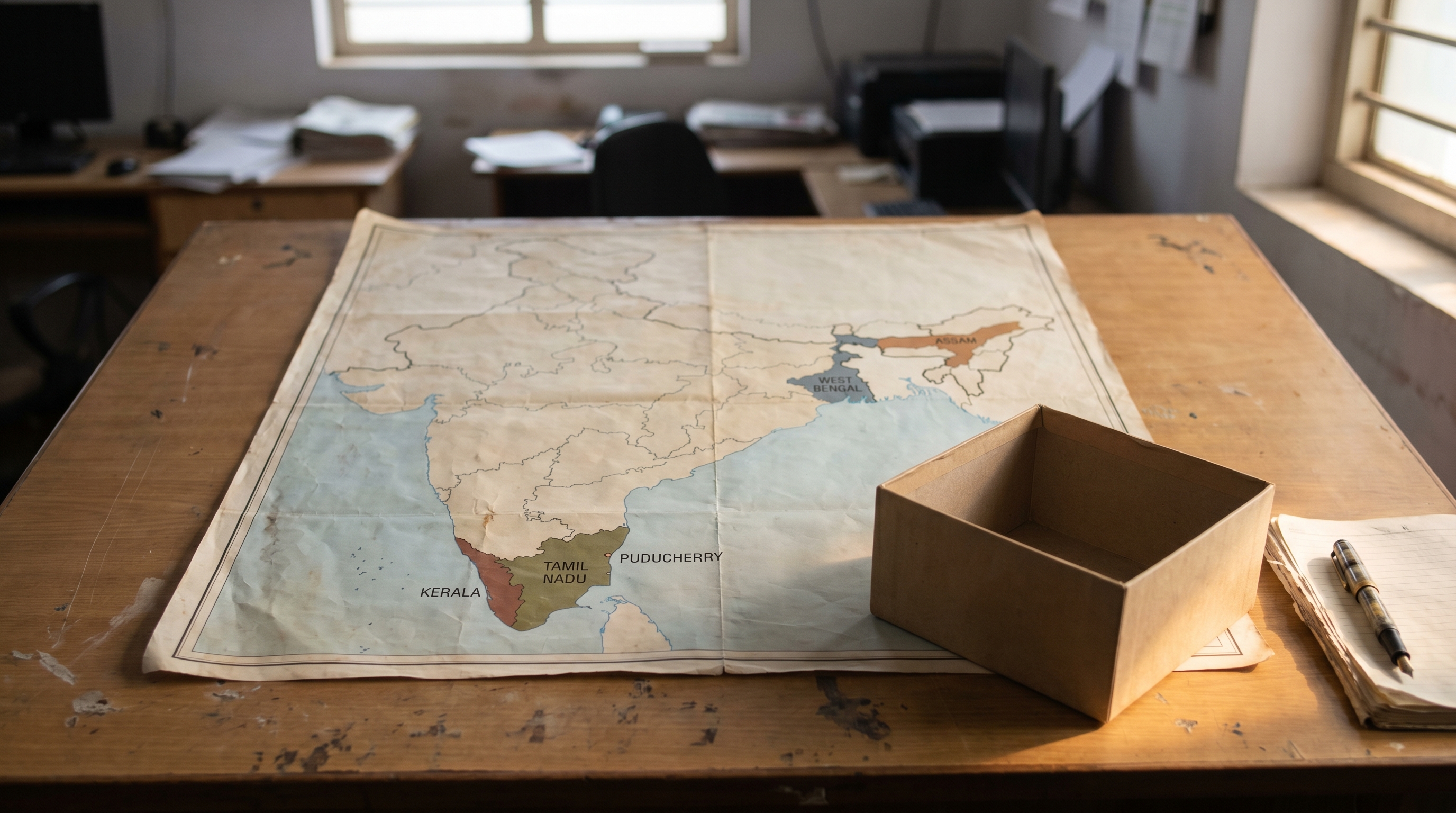 Five state outlines on a map of India shaded in different colours, with a single ballot box in the foreground