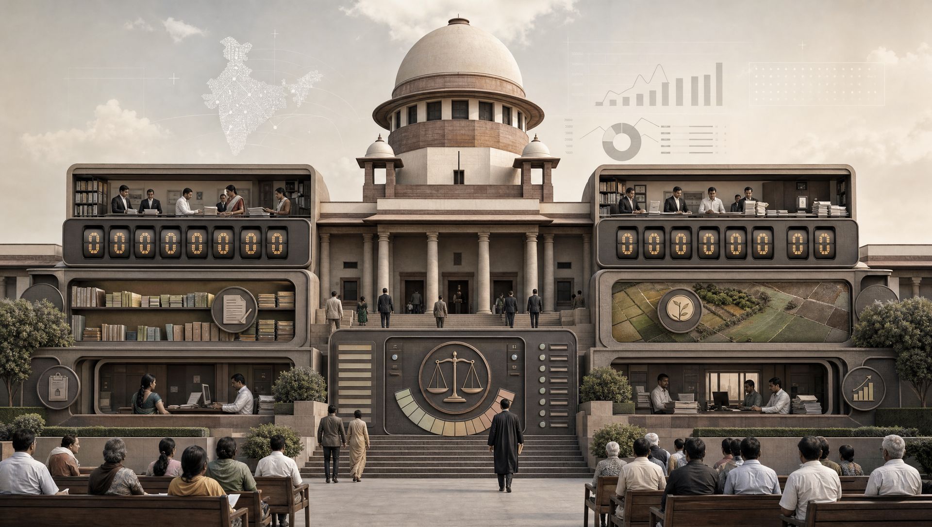 A courthouse transformed into an economic dashboard showing pending cases, contracts, land records, credit files and citizens waiting