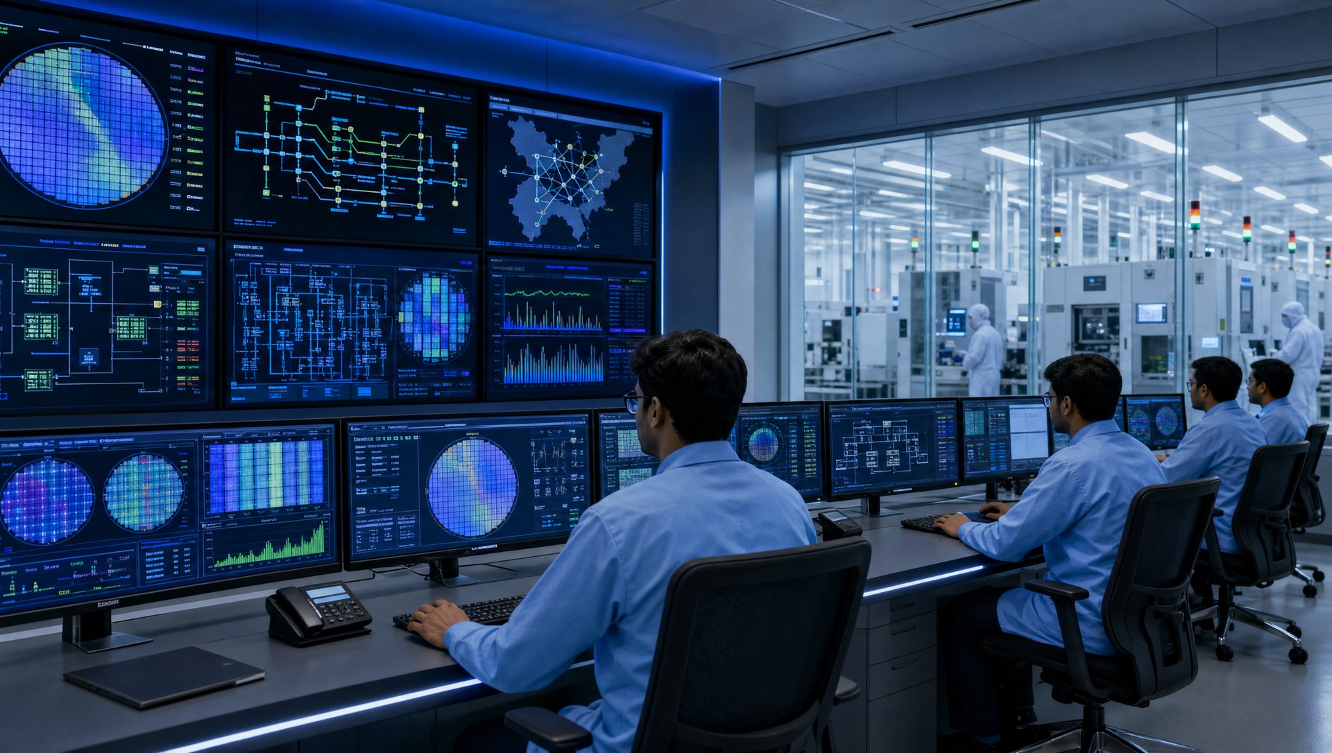 A semiconductor fab control room in Gujarat with wafer maps, utility grids and supply-chain dashboards visible