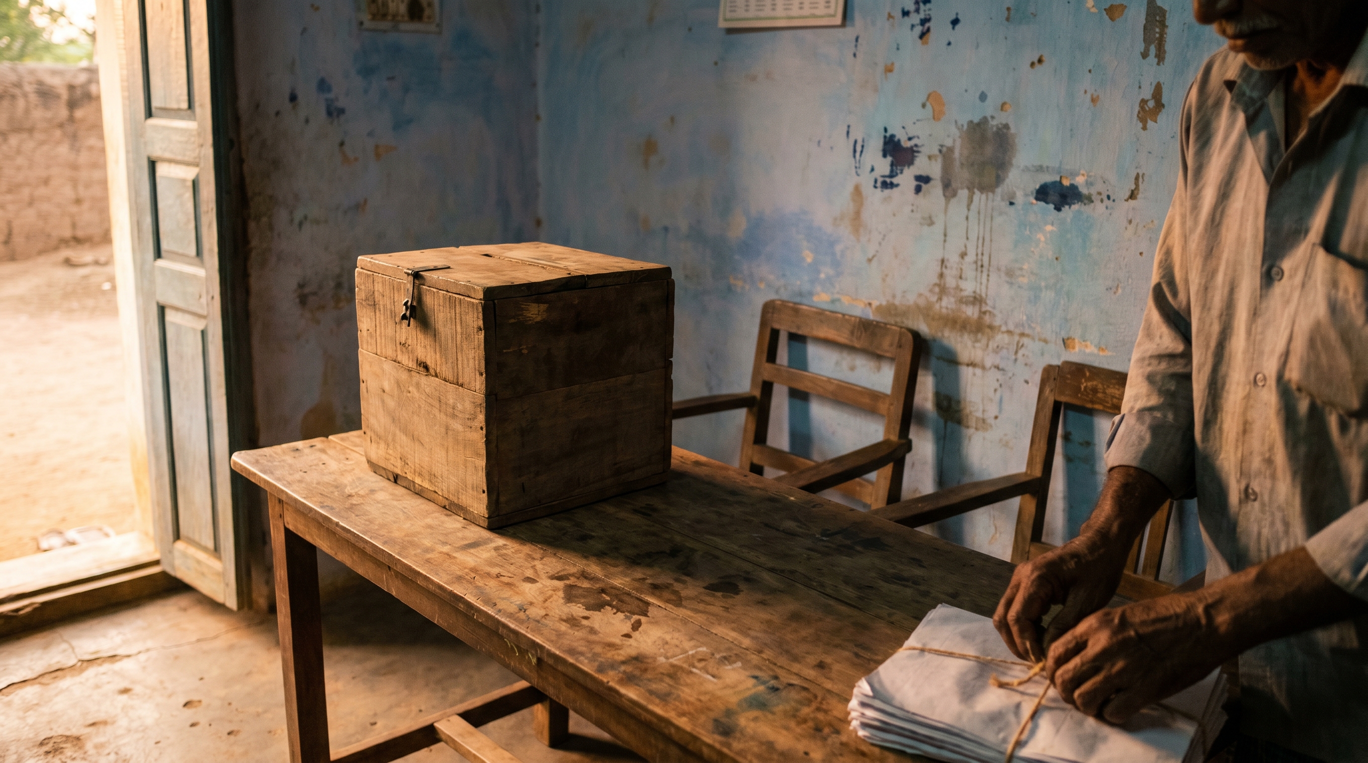 Empty ballot box on a Tamil Nadu polling table at dusk