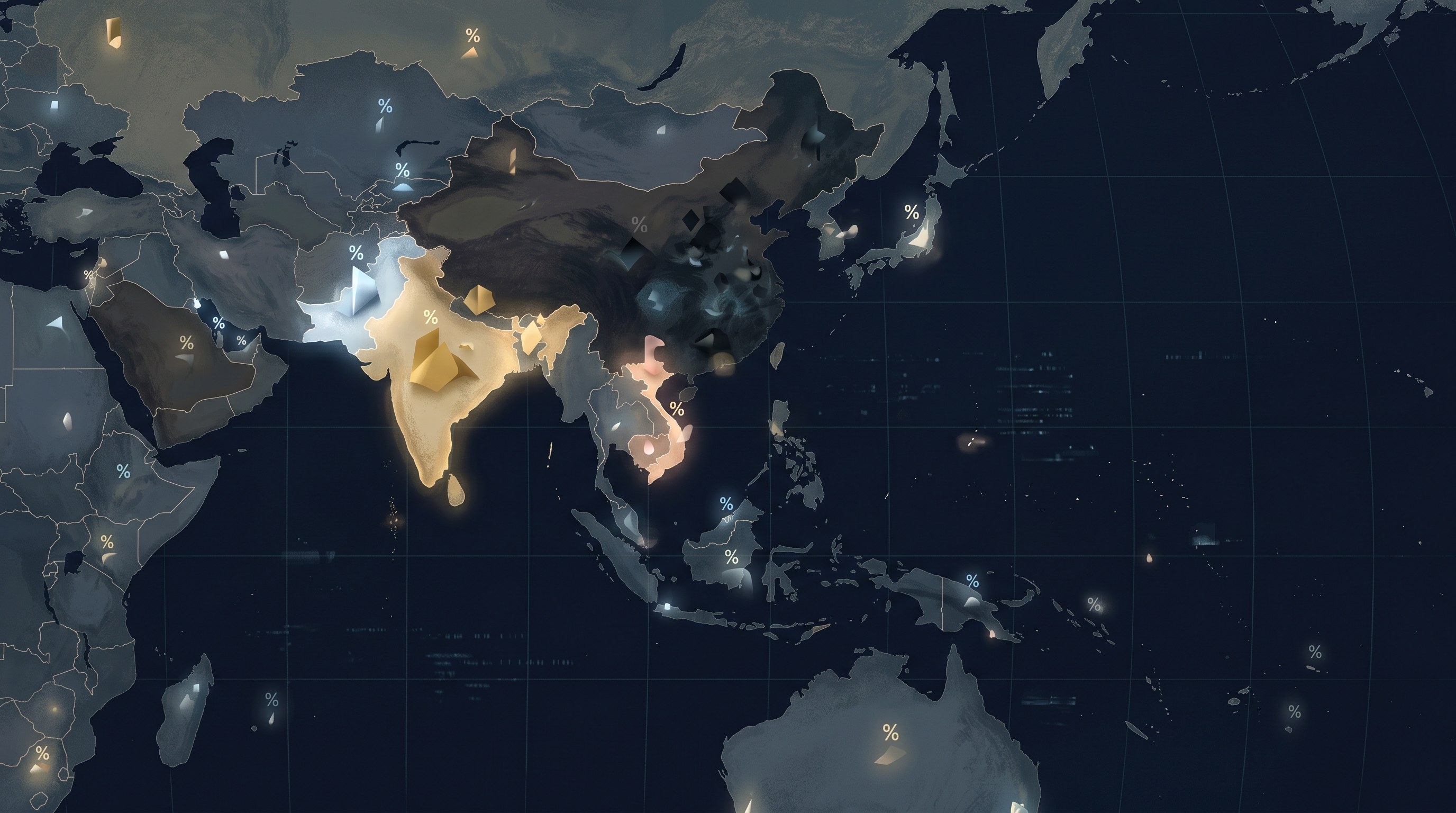 World map showing comparative tariff rates levied by the United States on Asian economies in 2026