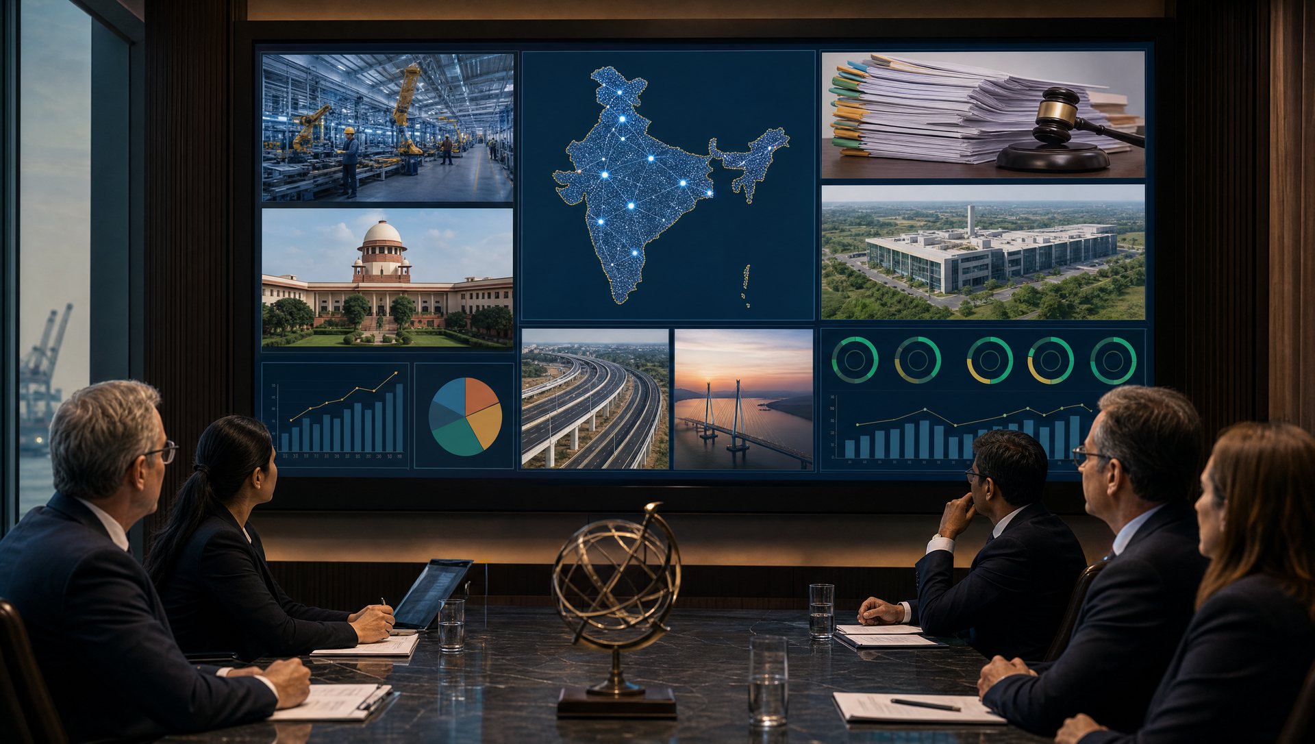 Global investors studying an India investment dashboard showing factories, courts, tax files, approvals and state-level infrastructure