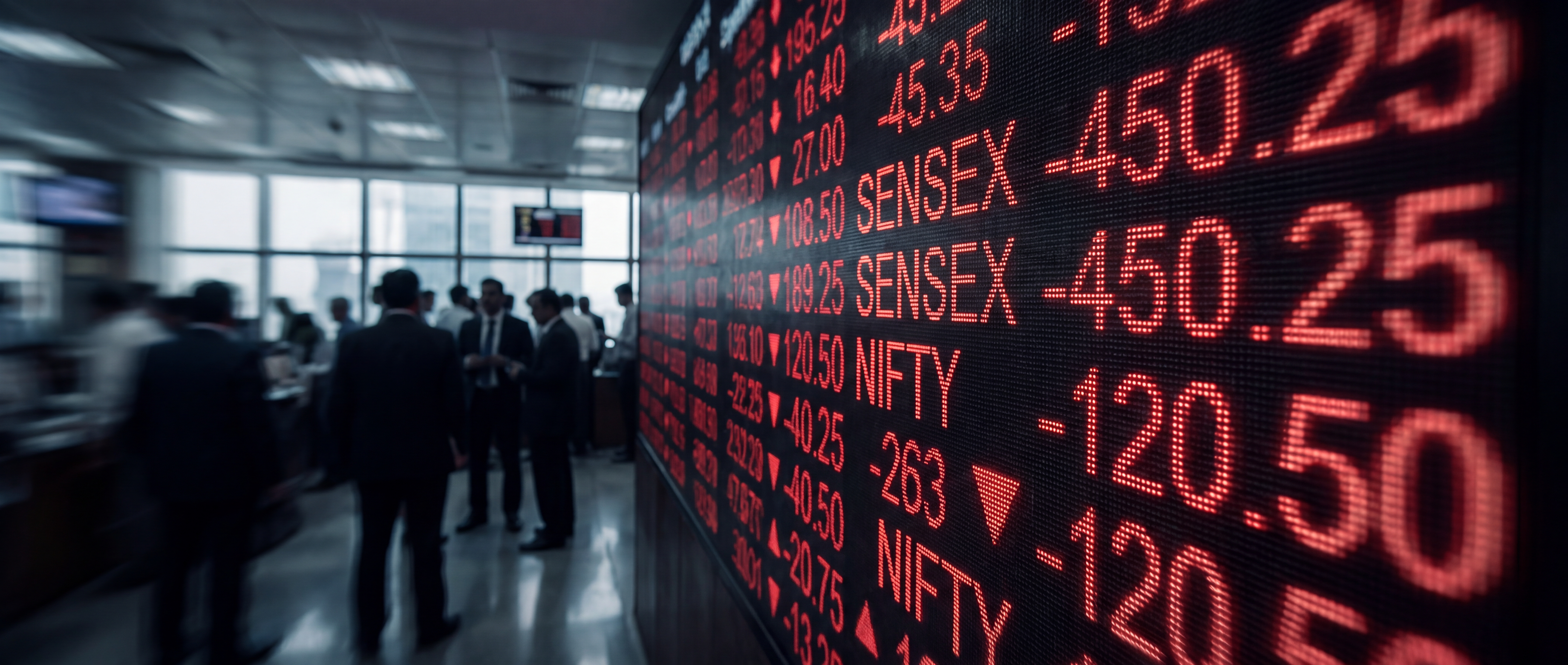 Bombay Stock Exchange ticker board showing red numbers against a tense market backdrop
