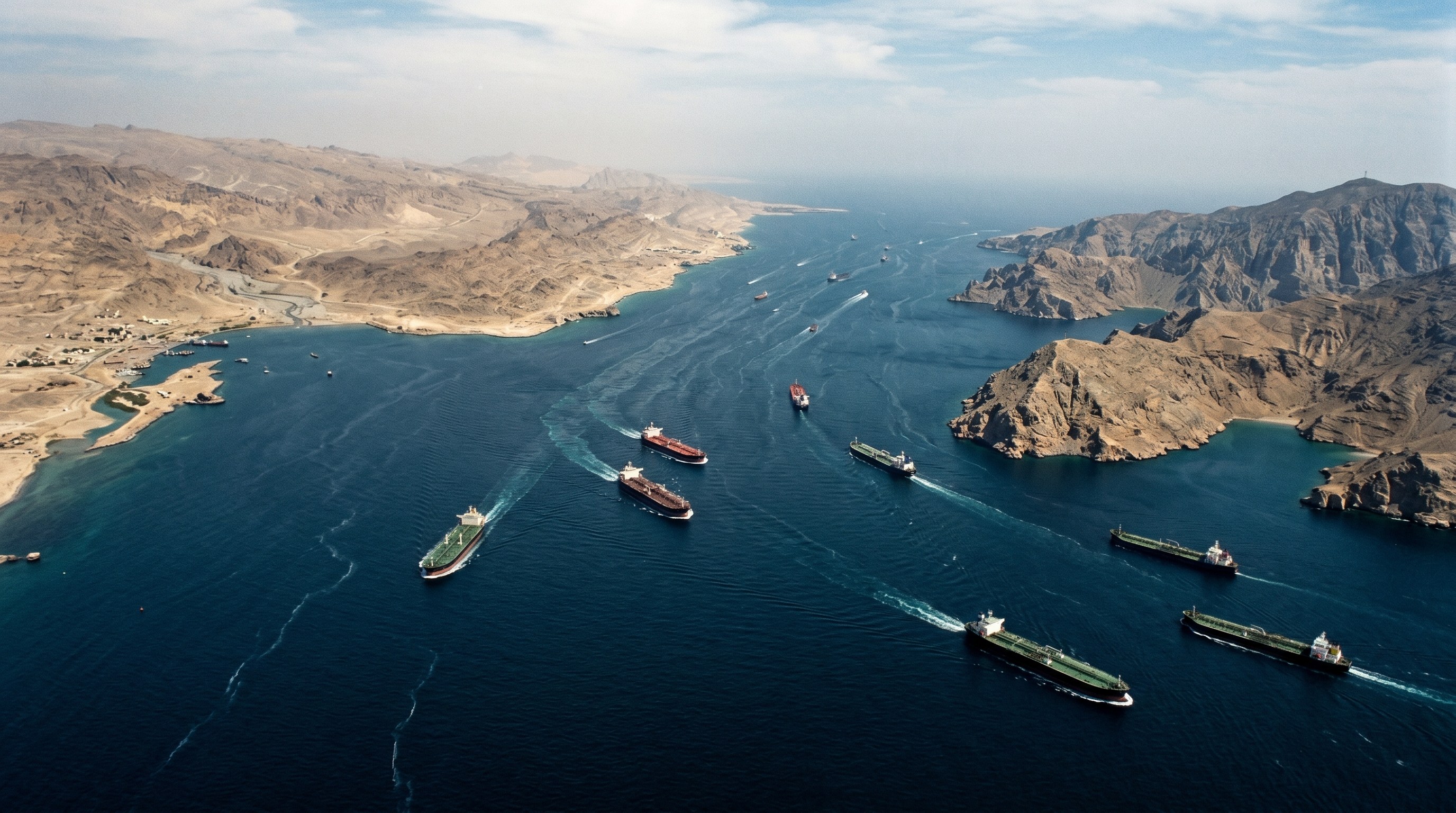 Aerial view of oil tankers transiting the narrow Strait of Hormuz