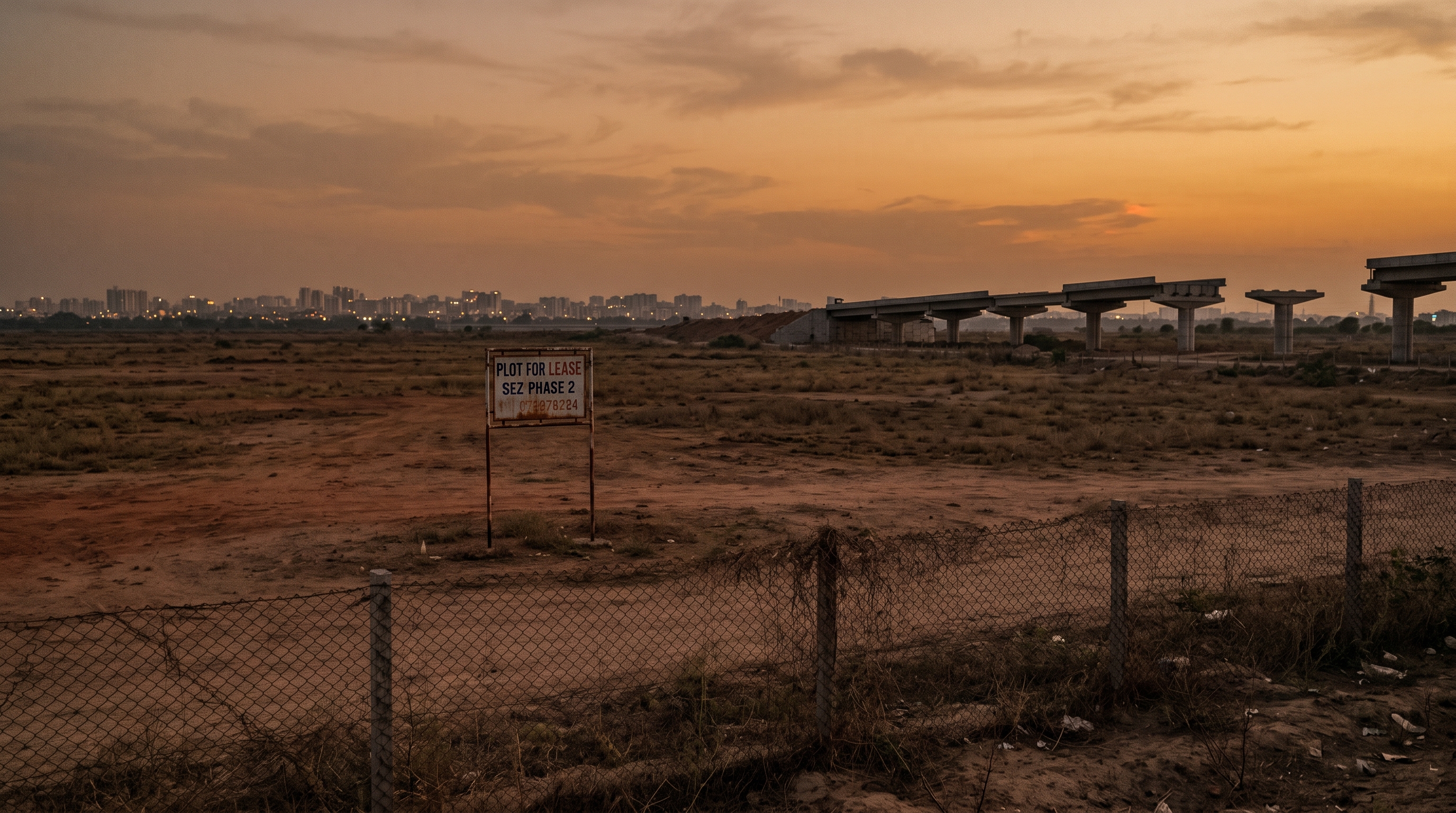 Empty industrial plot in an Indian special economic zone, a highway visible in the distance, golden evening light