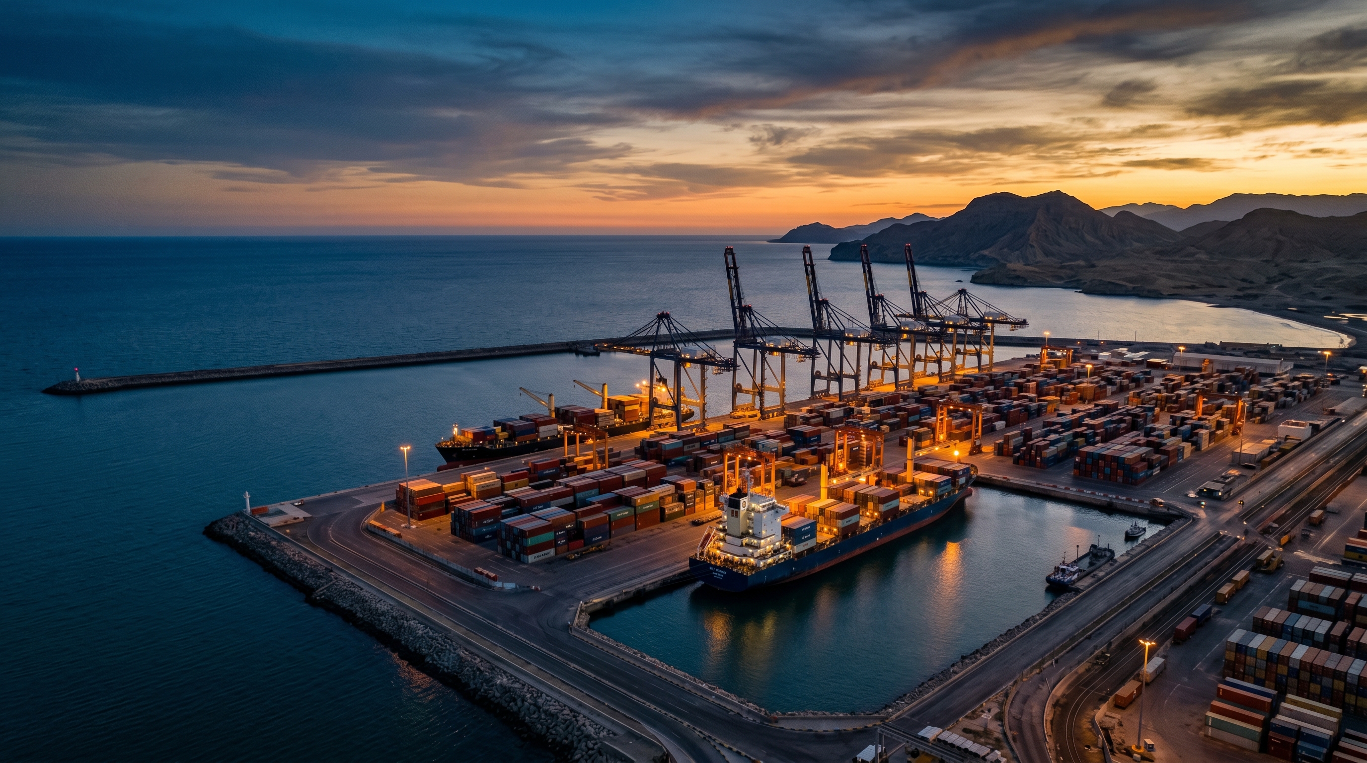 Aerial view of the Chabahar port terminal with Indian-operated cranes and container stacks, Sistan-Baluchestan province, Iran