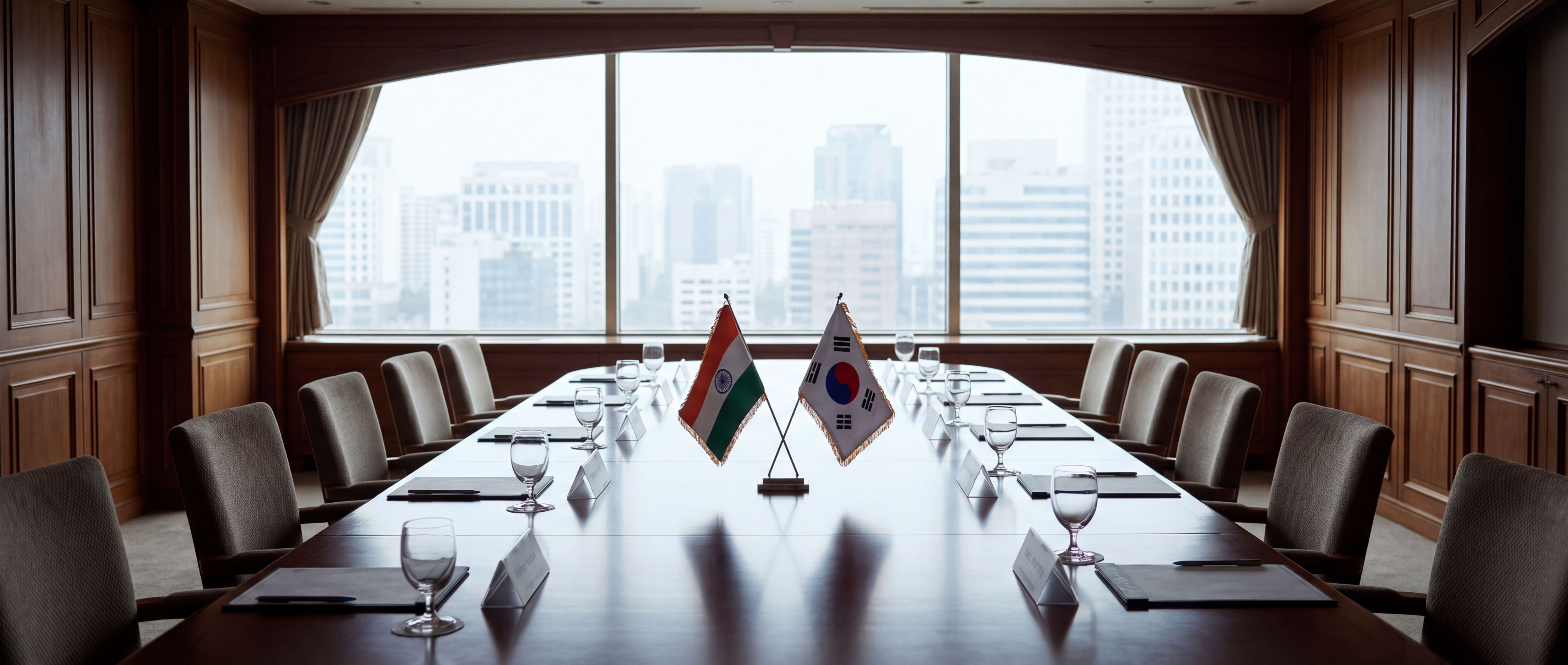 Indian and South Korean flags side by side at a trade conference podium