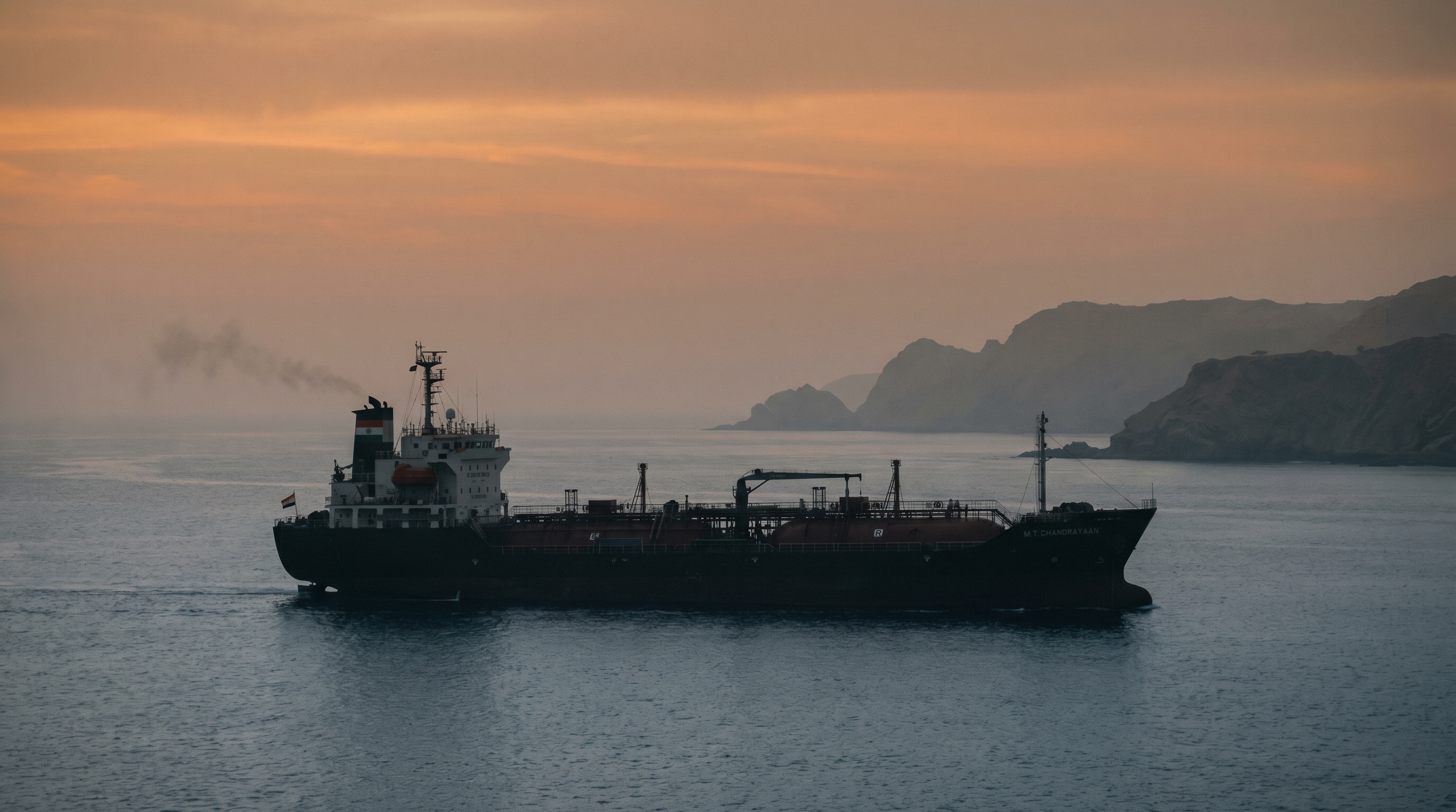 An Indian-flagged LPG tanker passing through the Strait of Hormuz at first light