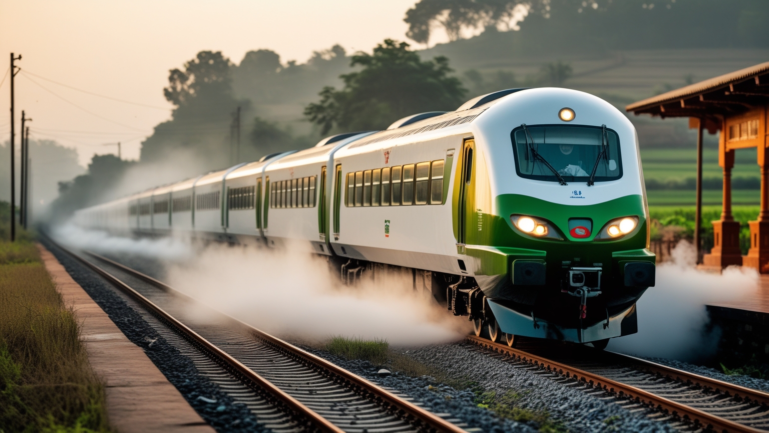 A green-and-white hydrogen fuel-cell train on a non-electrified branch line in rural Haryana, water vapour trailing from beneath the coaches