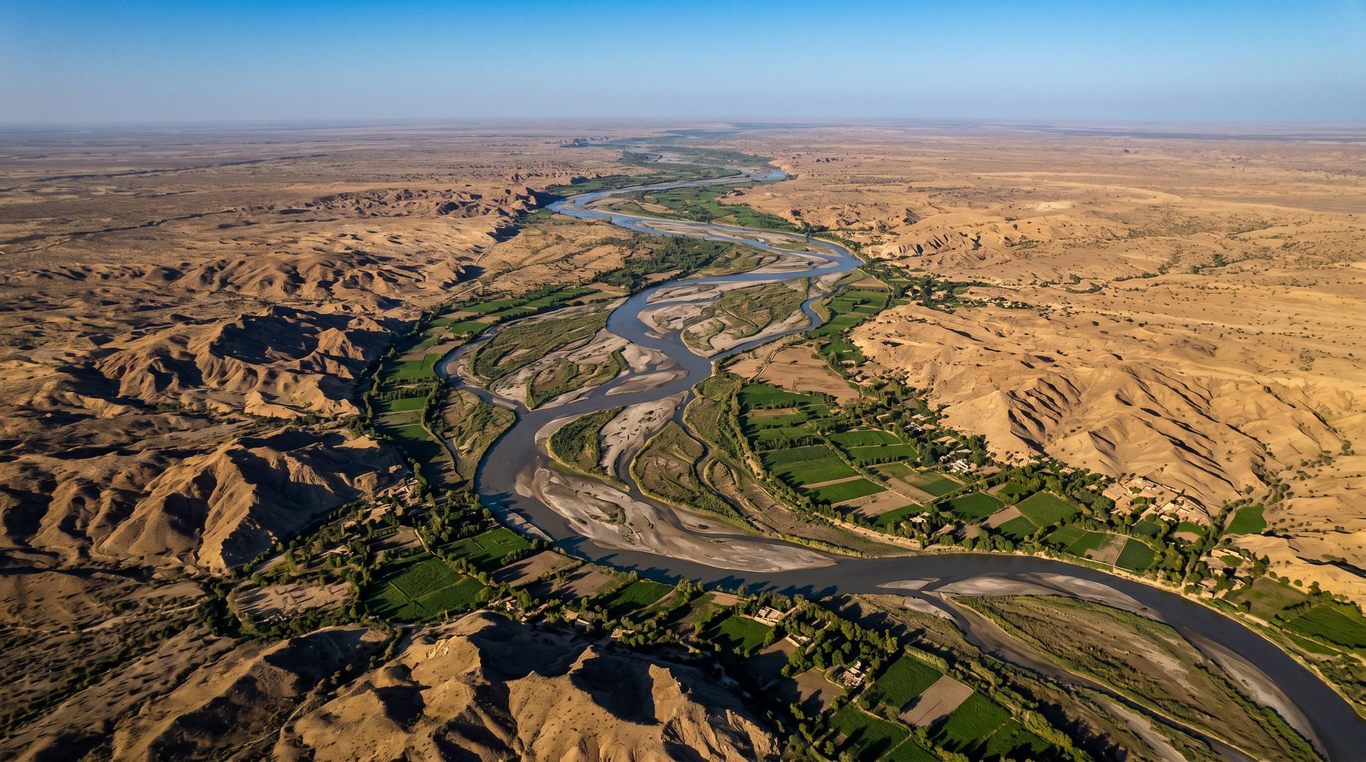 Aerial view of the Indus river system cutting through arid Pakistan lowlands, seen from high altitude