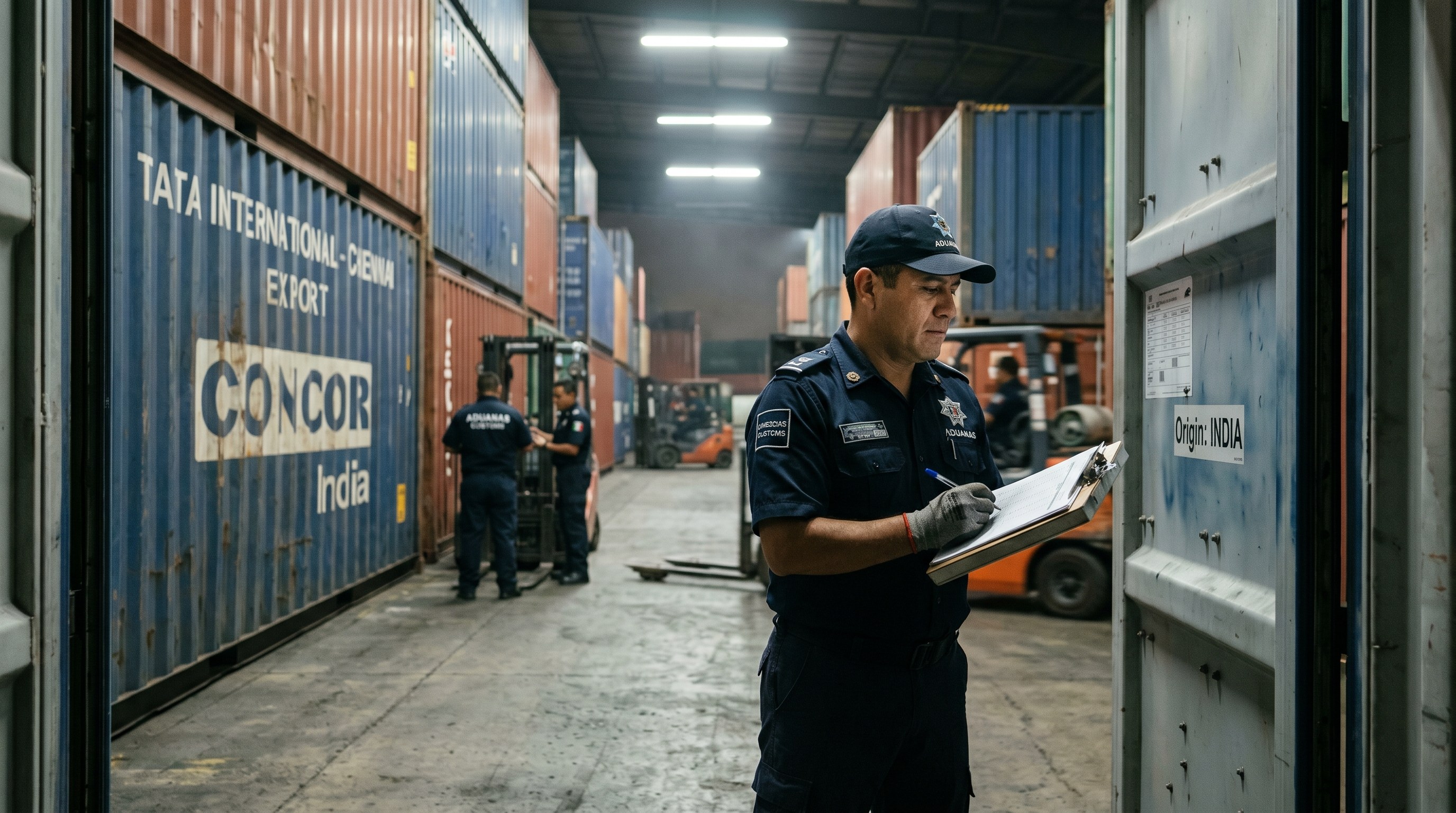 Mexican customs officer inspecting cargo containers labeled with Indian export markings