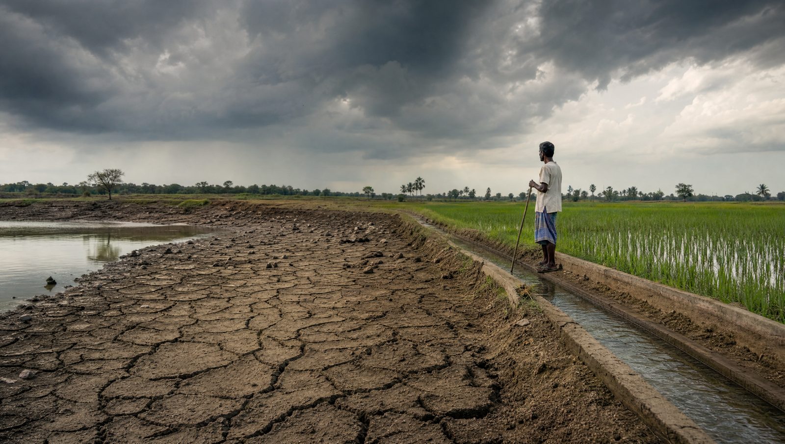 An Indian farmer watches dark monsoon clouds over a dry reservoir and a paddy field