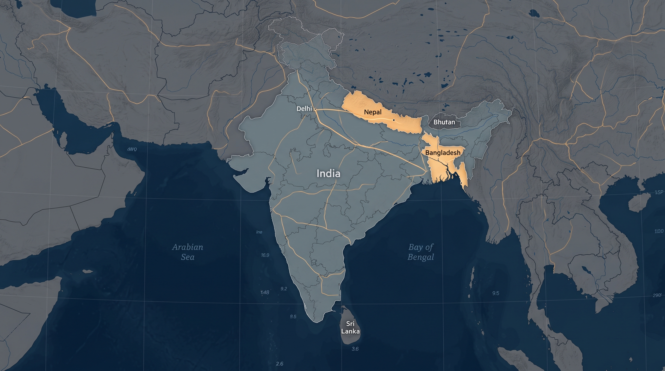 Map of South Asia with India at centre, Nepal and Bangladesh highlighted, with connectivity lines suggesting trade and transit routes