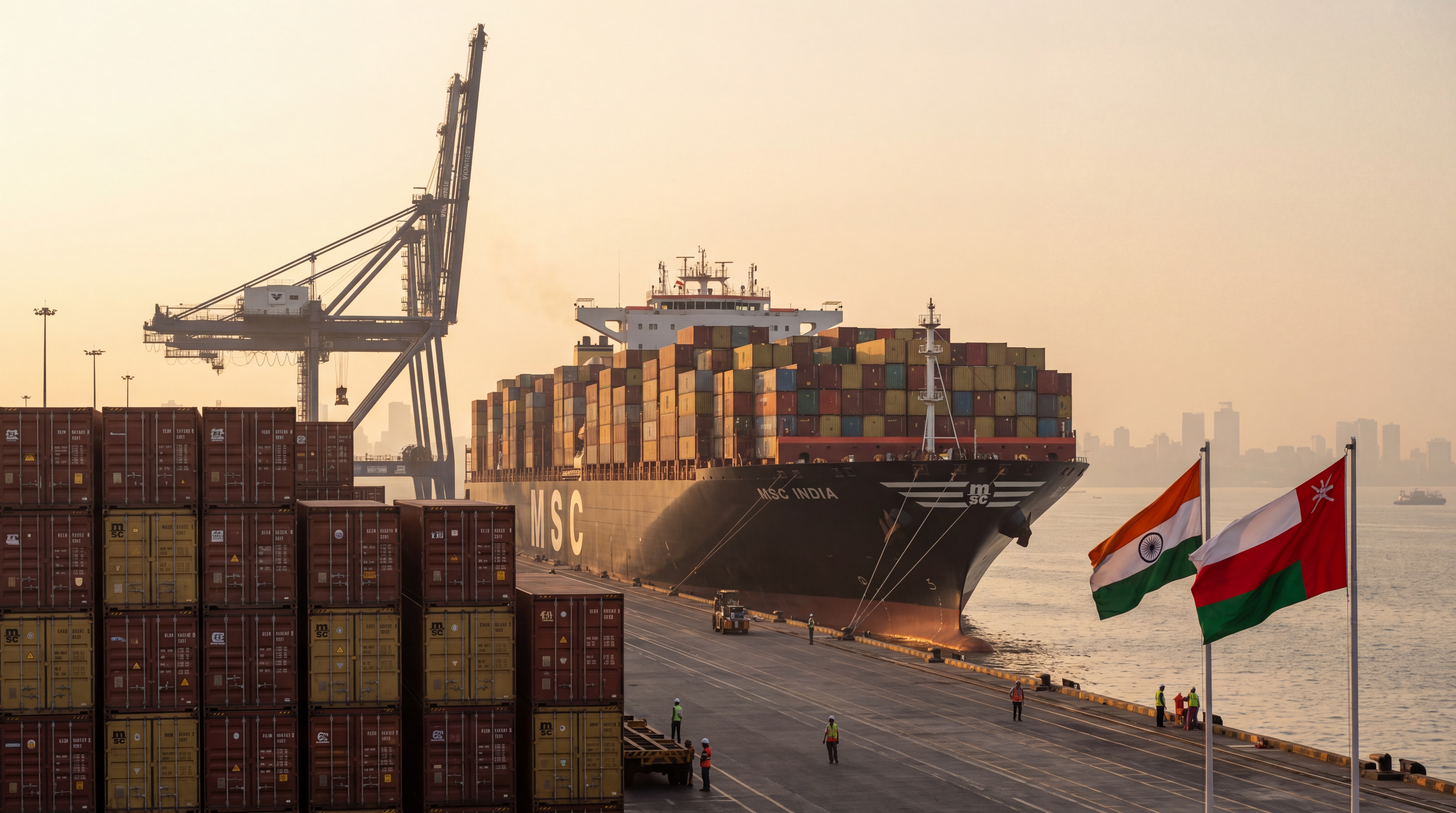 A container ship at Mumbai's Jawaharlal Nehru Port with the Indian and Omani flags visible on the dock