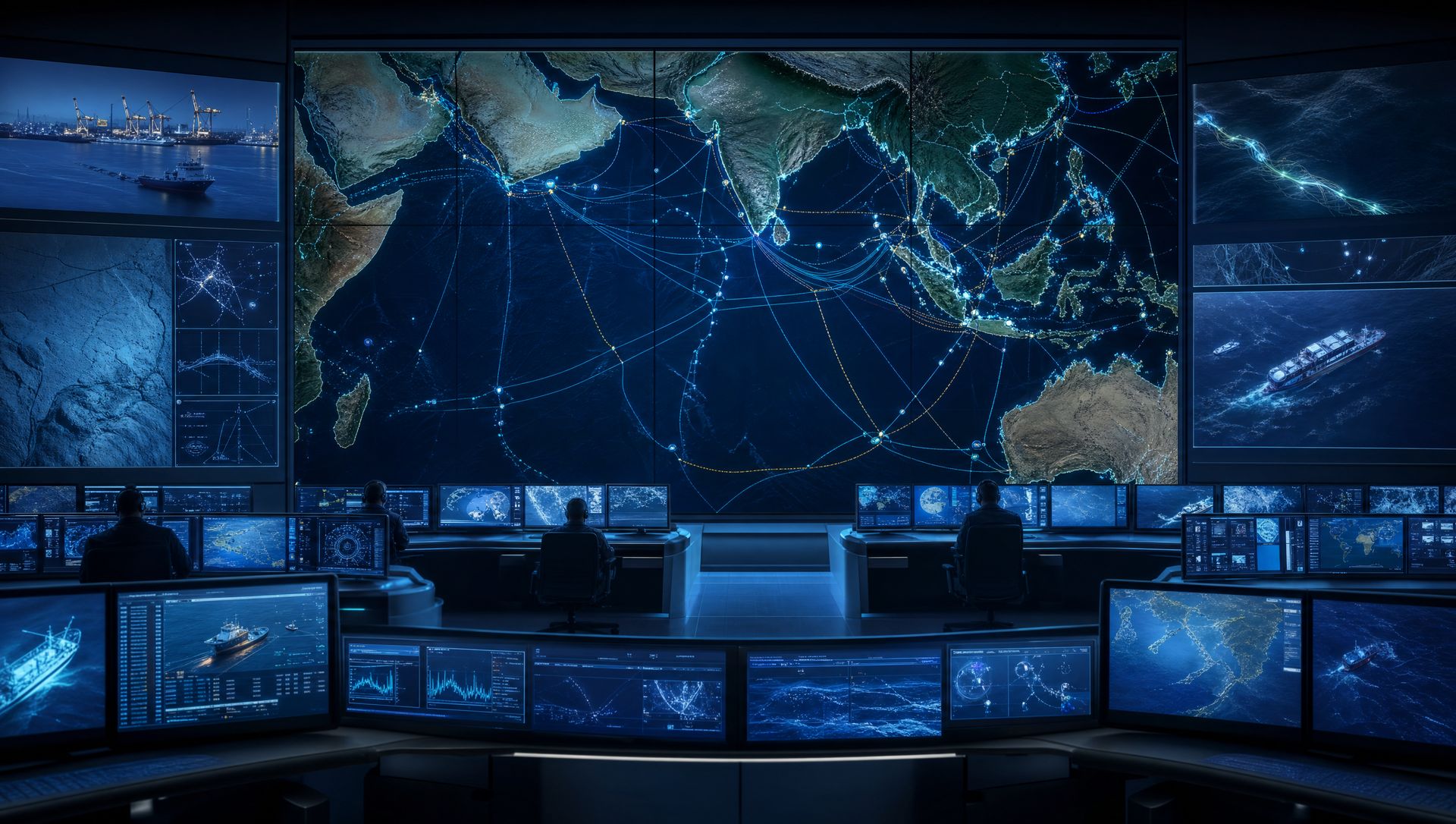 A maritime operations room showing Indo-Pacific sea lanes, critical minerals routes and undersea cable maps
