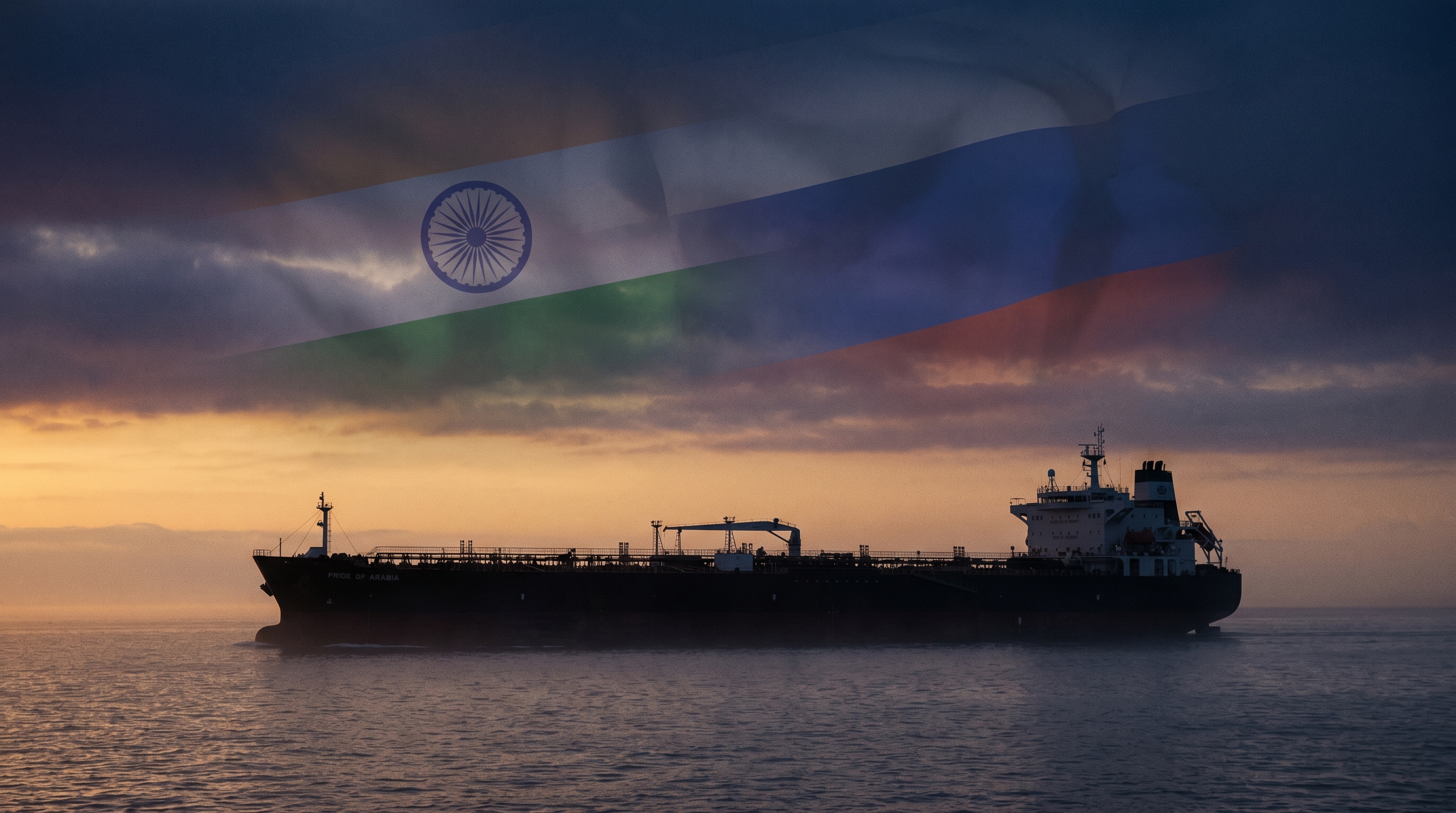 An oil tanker navigating international waters at dusk, with the Indian and Russian flags superimposed faintly in the background