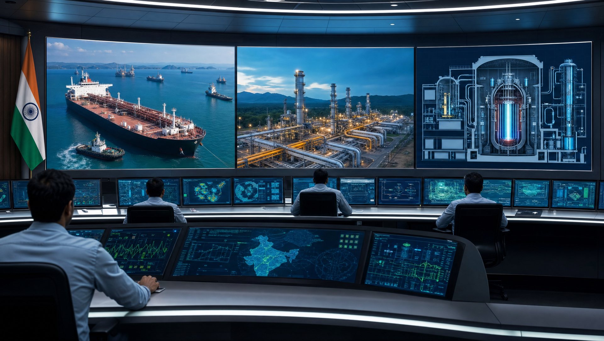 An Indian energy control room showing oil tankers, gas fields and a thorium reactor blueprint on connected screens