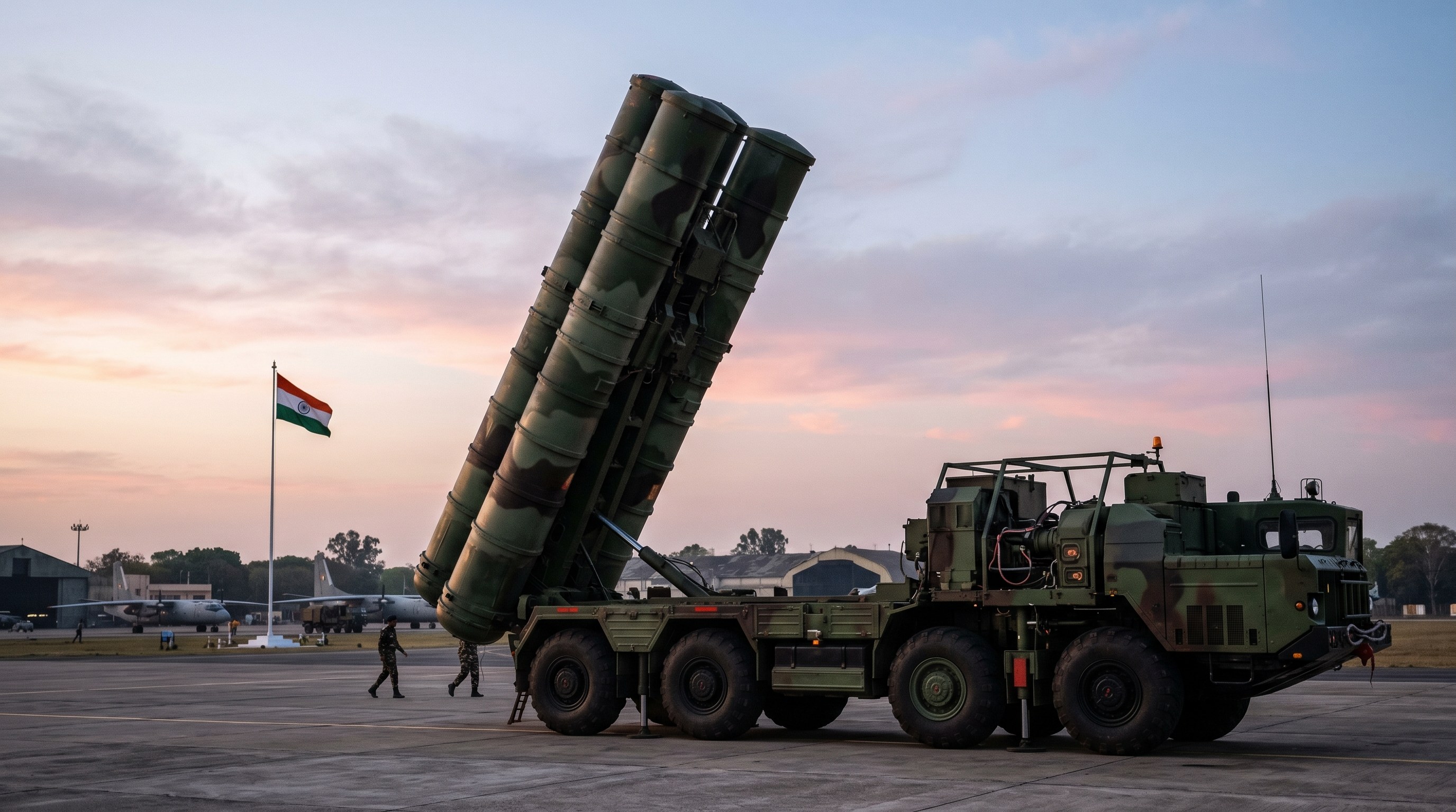 S-400 Triumf surface-to-air missile launcher being deployed at an Indian air force base