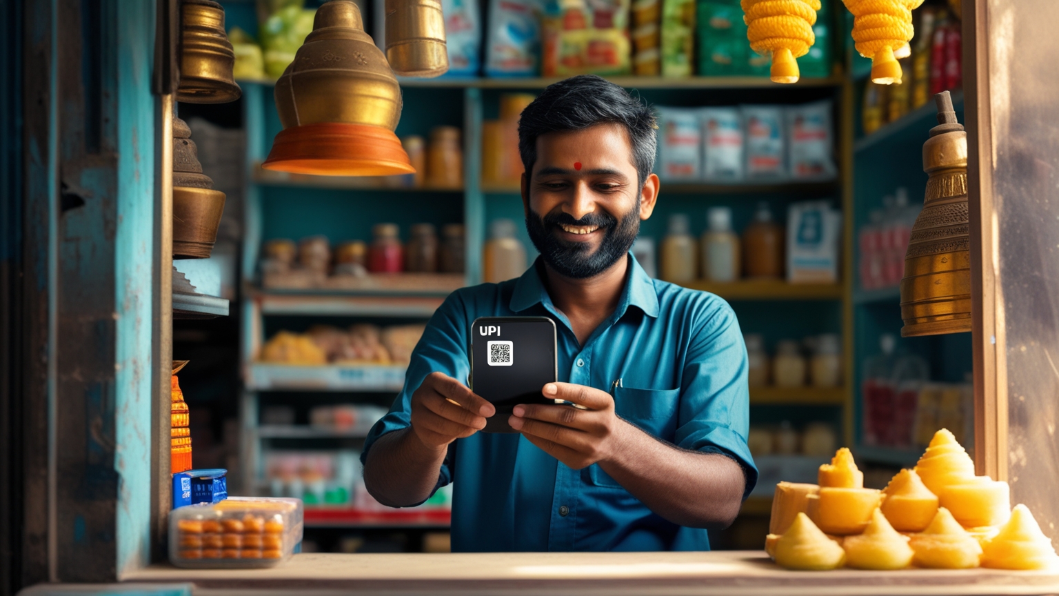 Indian shopkeeper accepting a UPI payment on a smartphone at a small storefront counter