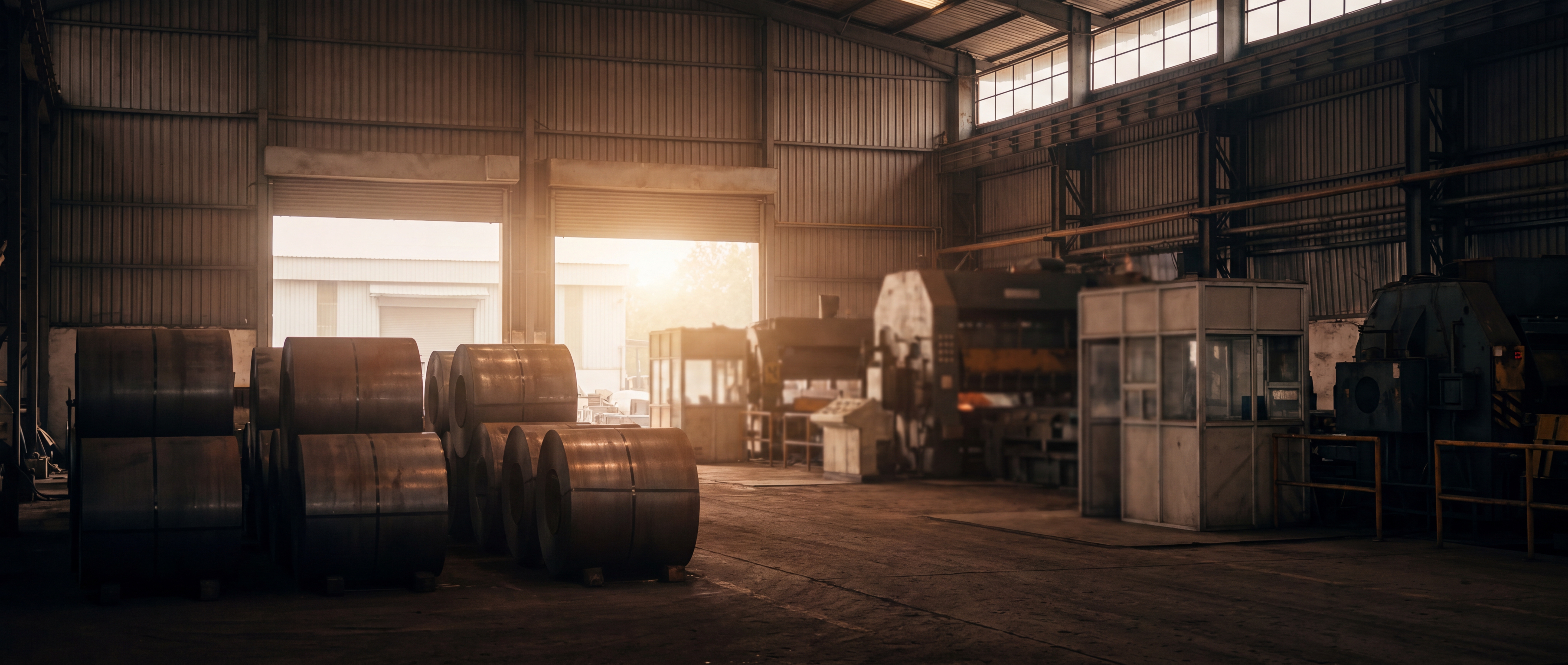 Steel coils stacked in an Indian rolling mill yard, golden light at dawn
