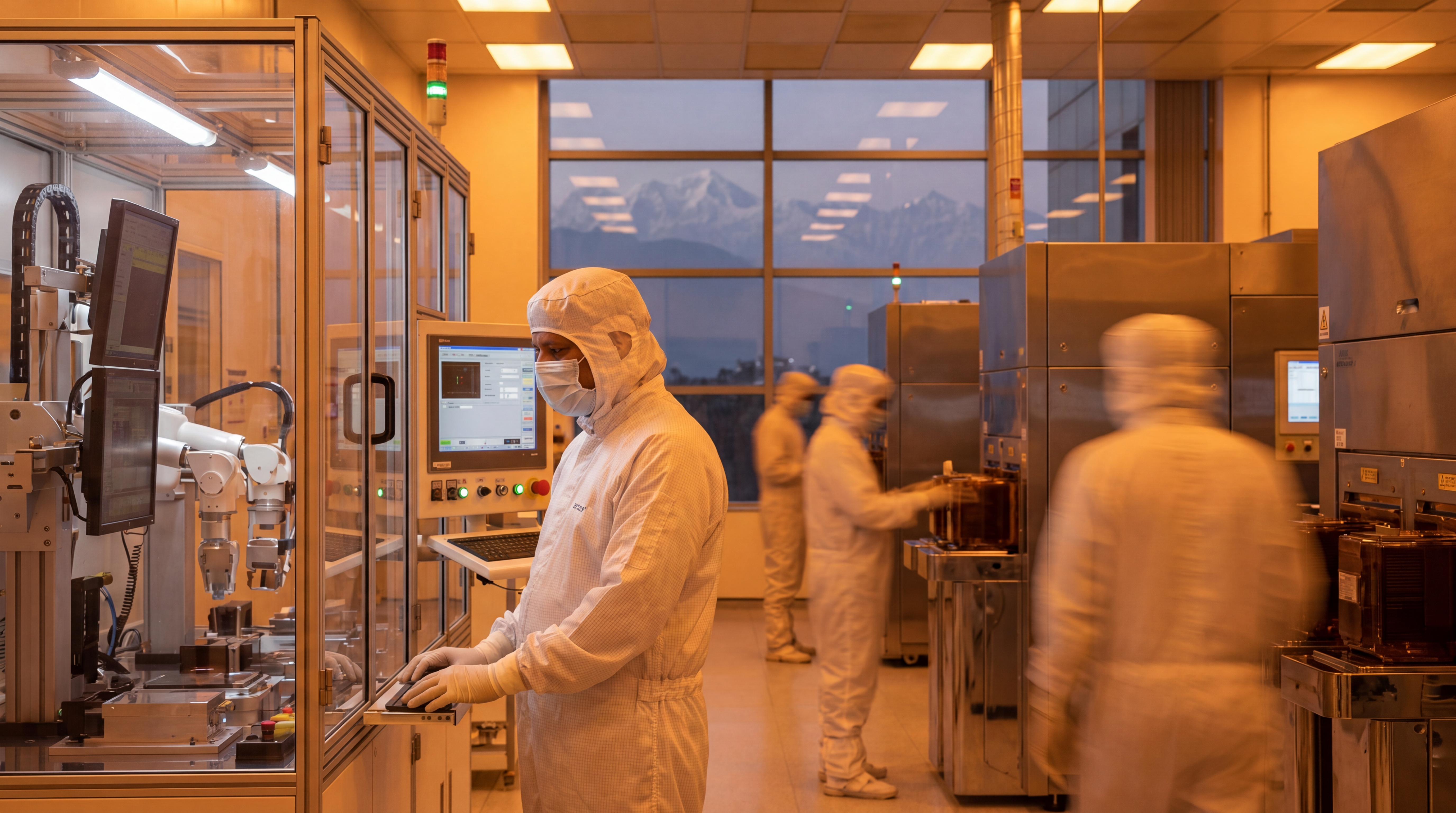 An Indian engineer at a manufacturing line, with the Himalayan ridge softly visible through a window