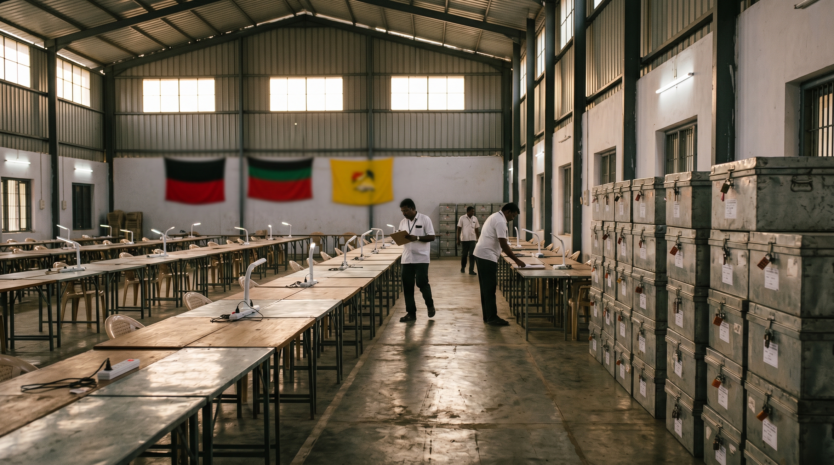 Three counting agents at separate tables in a Tamil Nadu strongroom, with three party flags — DMK red and black, AIADMK red green and black, TVK yellow — partially visible behind them, late afternoon light from high windows