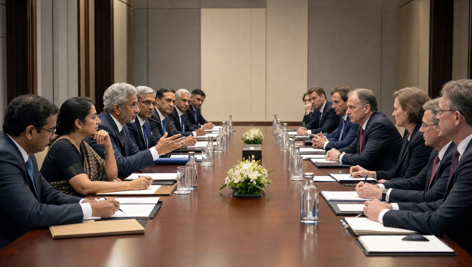 Indian and American negotiators at a long table with trade, energy and maritime-security files open between them