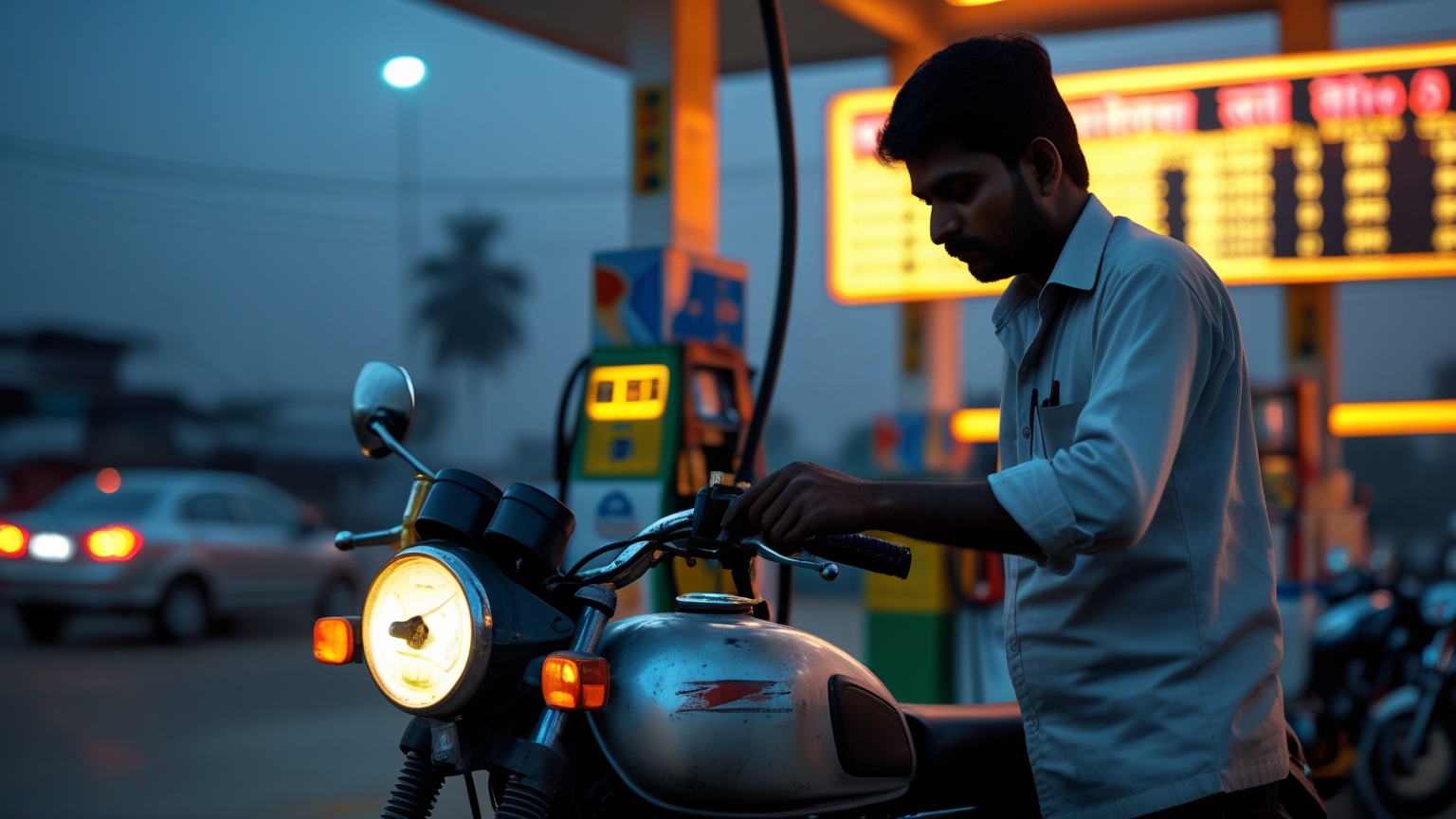 A fuel station attendant fills a motorcycle tank in an Indian city, electronic price board showing petrol above Rs 102