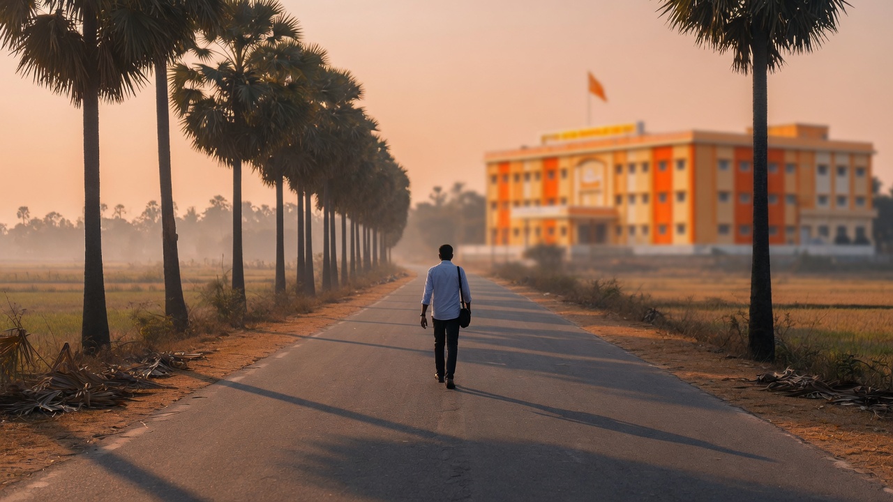 A lone politician walking away from a large party headquarters down an open road at dawn, the building's signage out of focus behind him, the road ahead lined with Tamil Nadu's palmyra trees