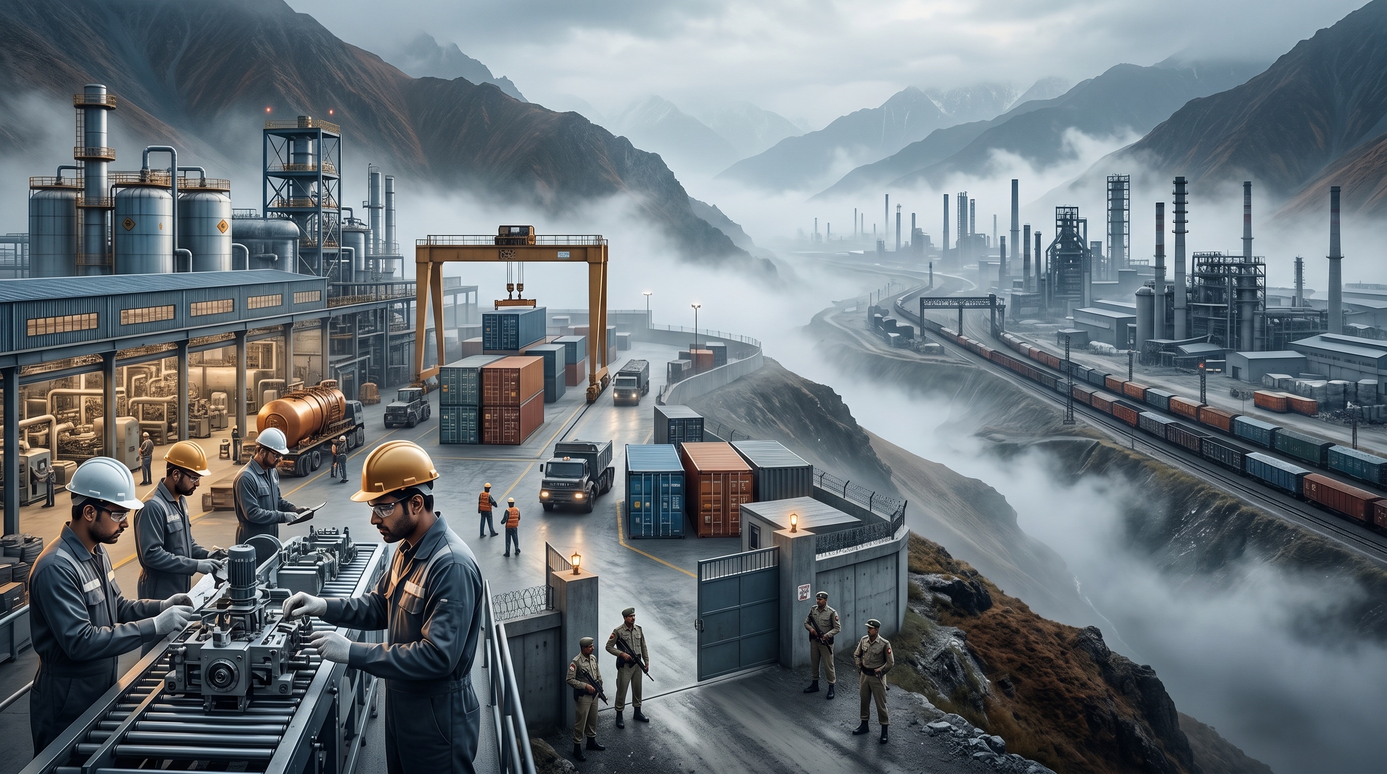 Two Asian economic towers facing each other across a mountain border, with cargo containers and a guarded factory gate below
