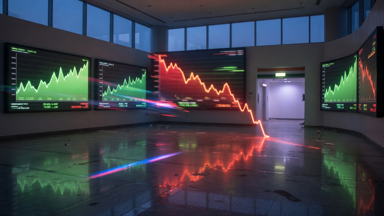 A rising green economic growth arrow on a stock-ticker display, while in the same frame a stream of currency symbols flows downward toward an exit sign, the rupee symbol prominent and falling