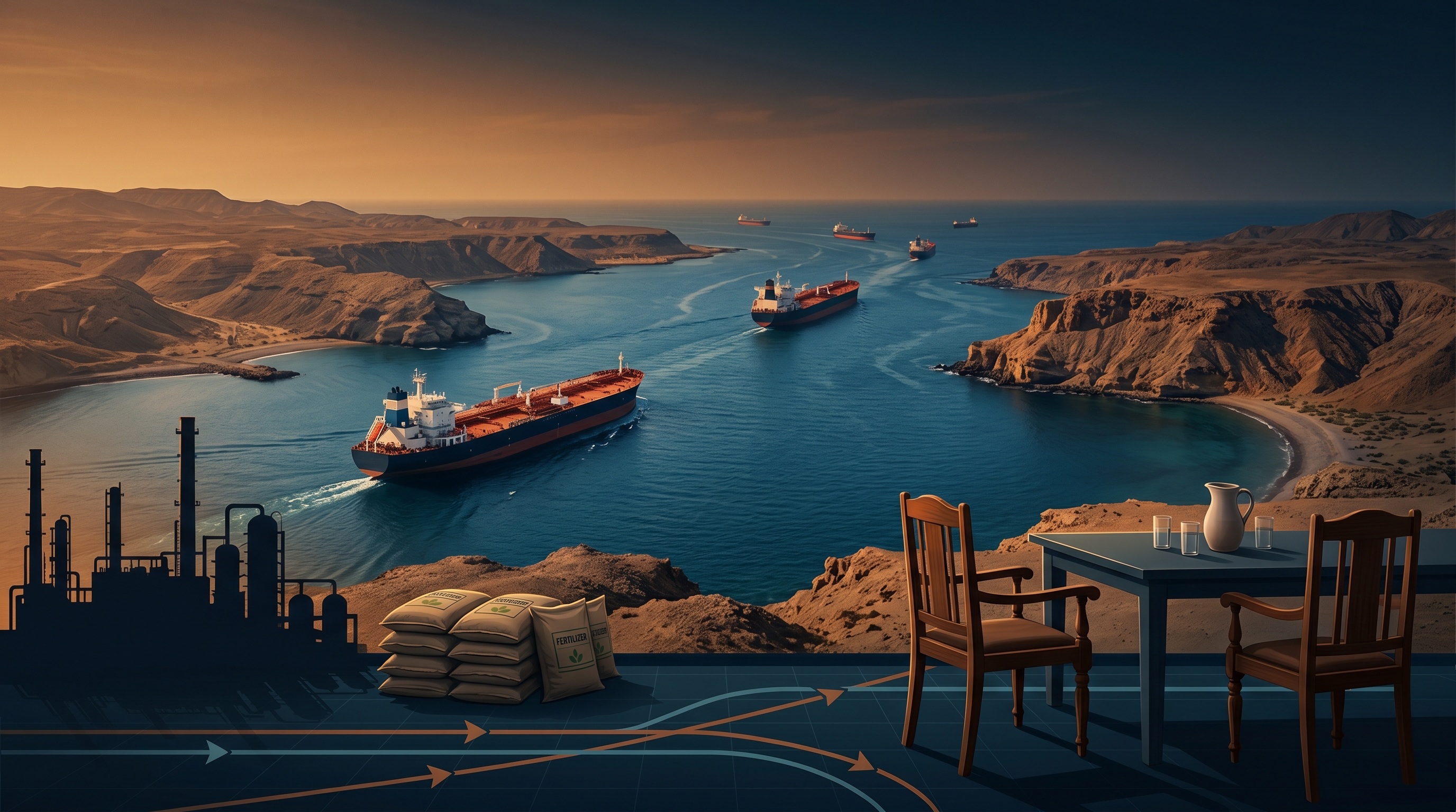 Oil tankers crossing a narrow sea lane while an Indian tricolor shield overlays pipelines, fertilizer sacks and refinery towers