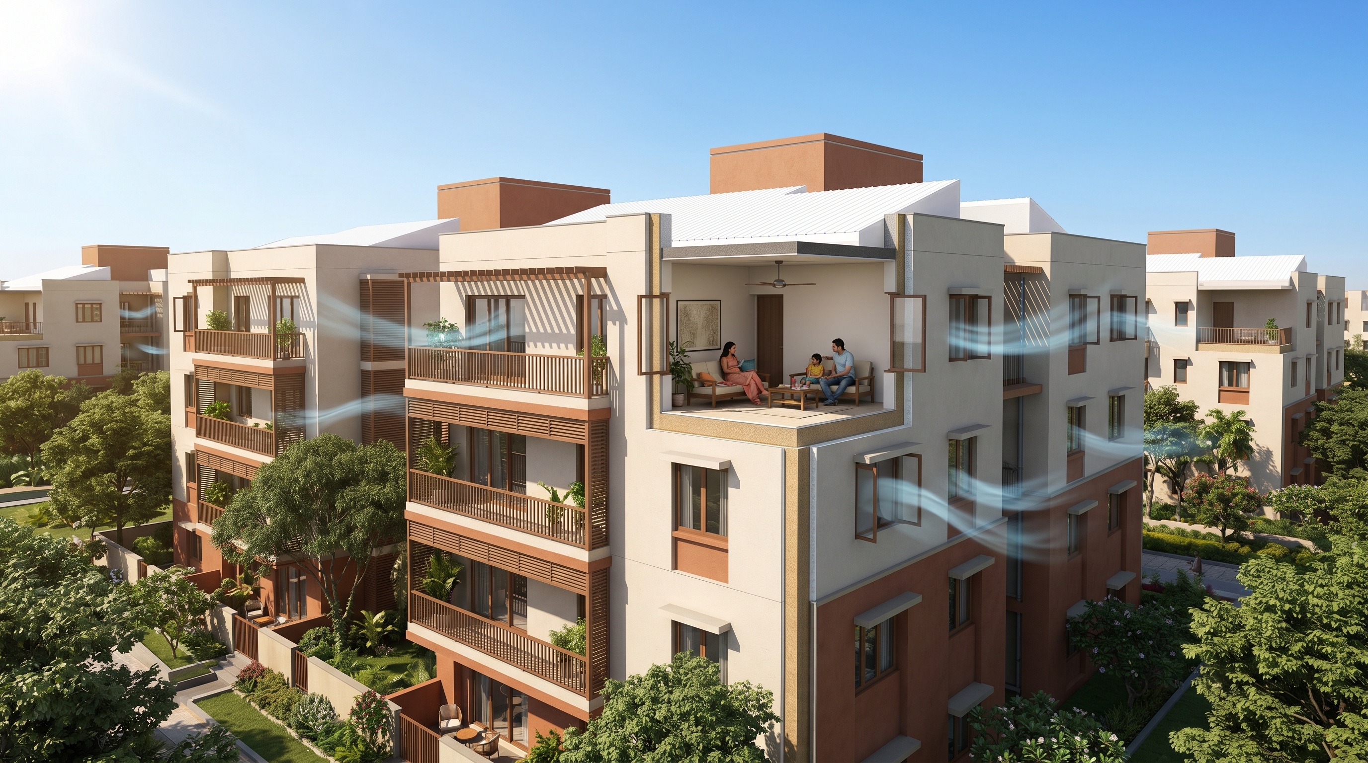 Apartment buildings under a hot sun, with shaded balconies, cool roofs and airflow arrows showing passive cooling