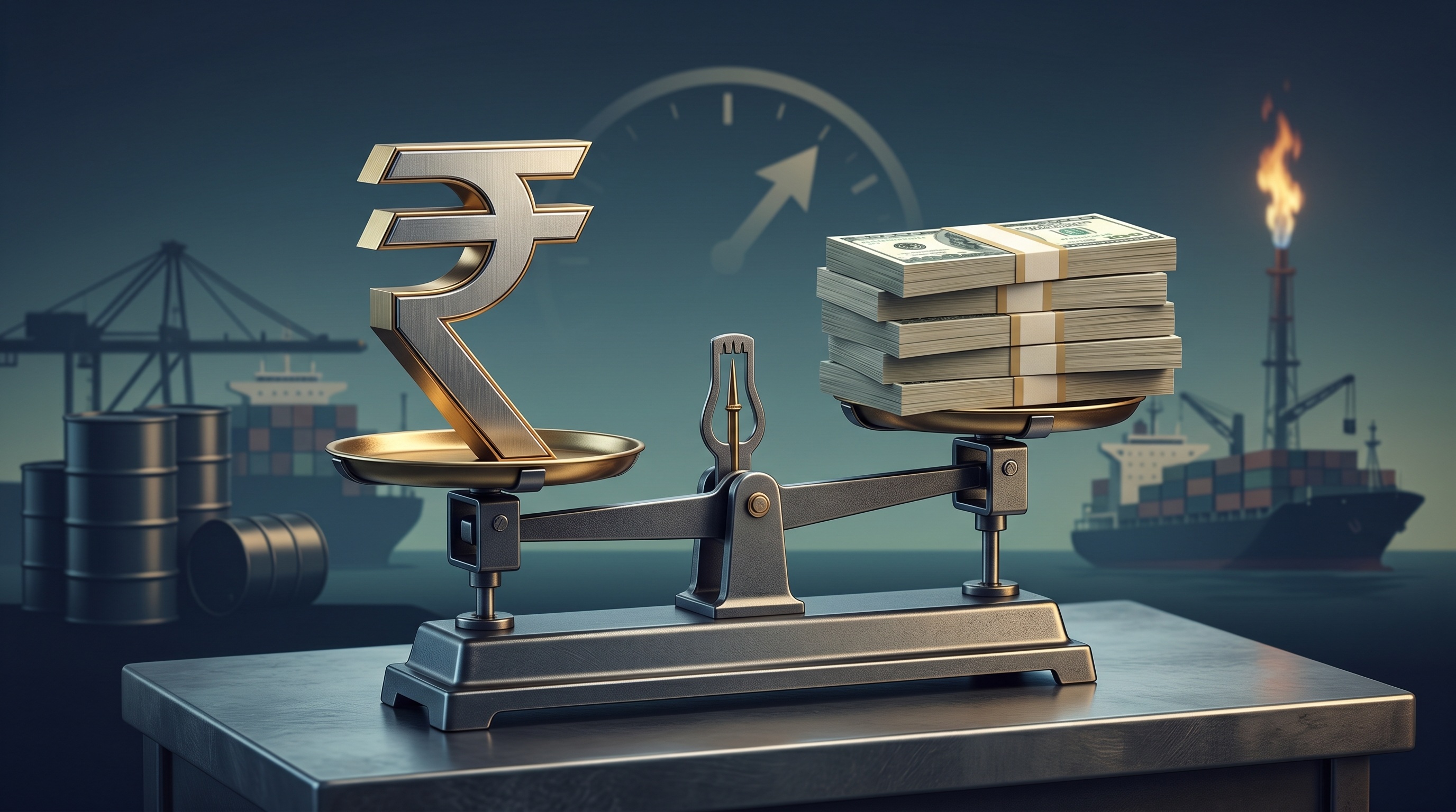 A rupee symbol balanced against dollar reserves, oil barrels and an inflation gauge