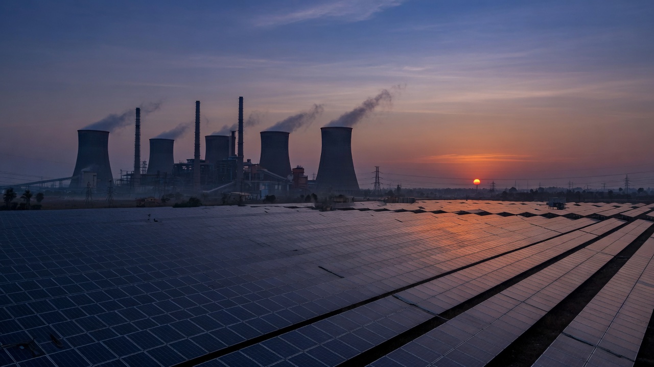 A vast solar farm in the foreground under a deep orange evening sky, with the cooling towers of a coal power station silhouetted on the horizon behind it, the sun low and almost set