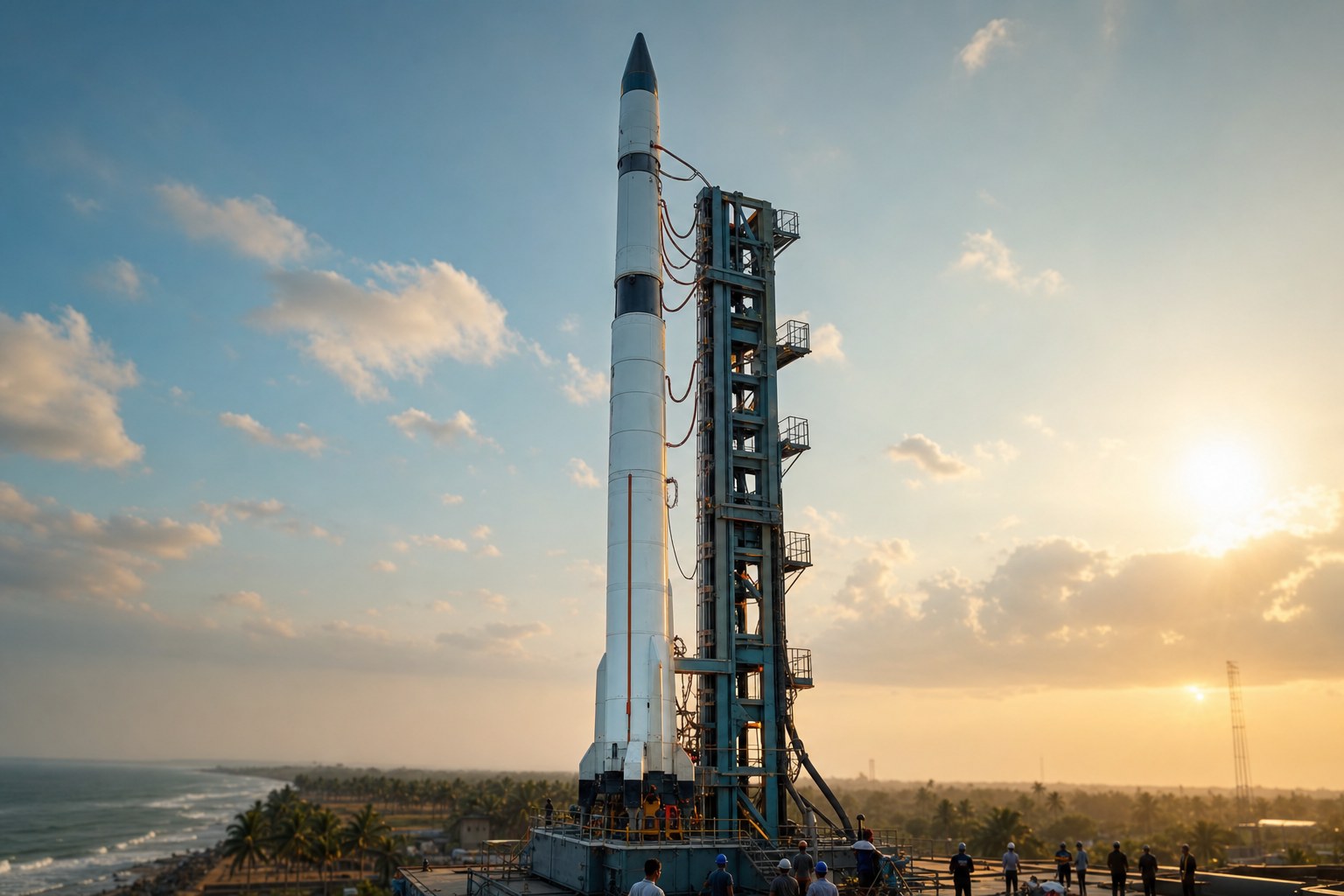 A slender three-stage private orbital rocket standing vertical on a coastal launch pad at Sriharikota, service tower beside it, palm-fringed shoreline and the Bay of Bengal in the background