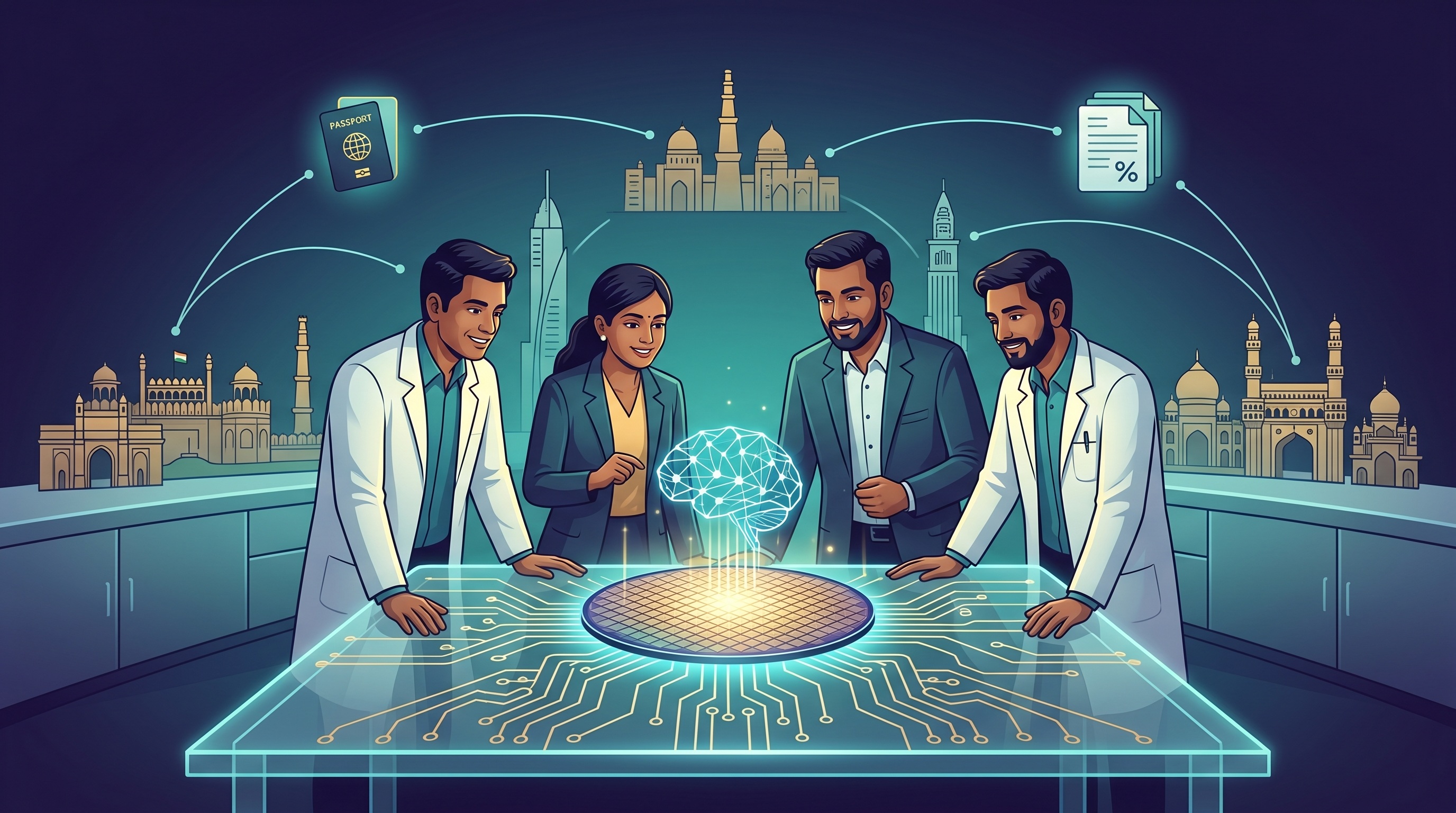 A semiconductor wafer, AI network lines and state capitol silhouettes connected over a map of India